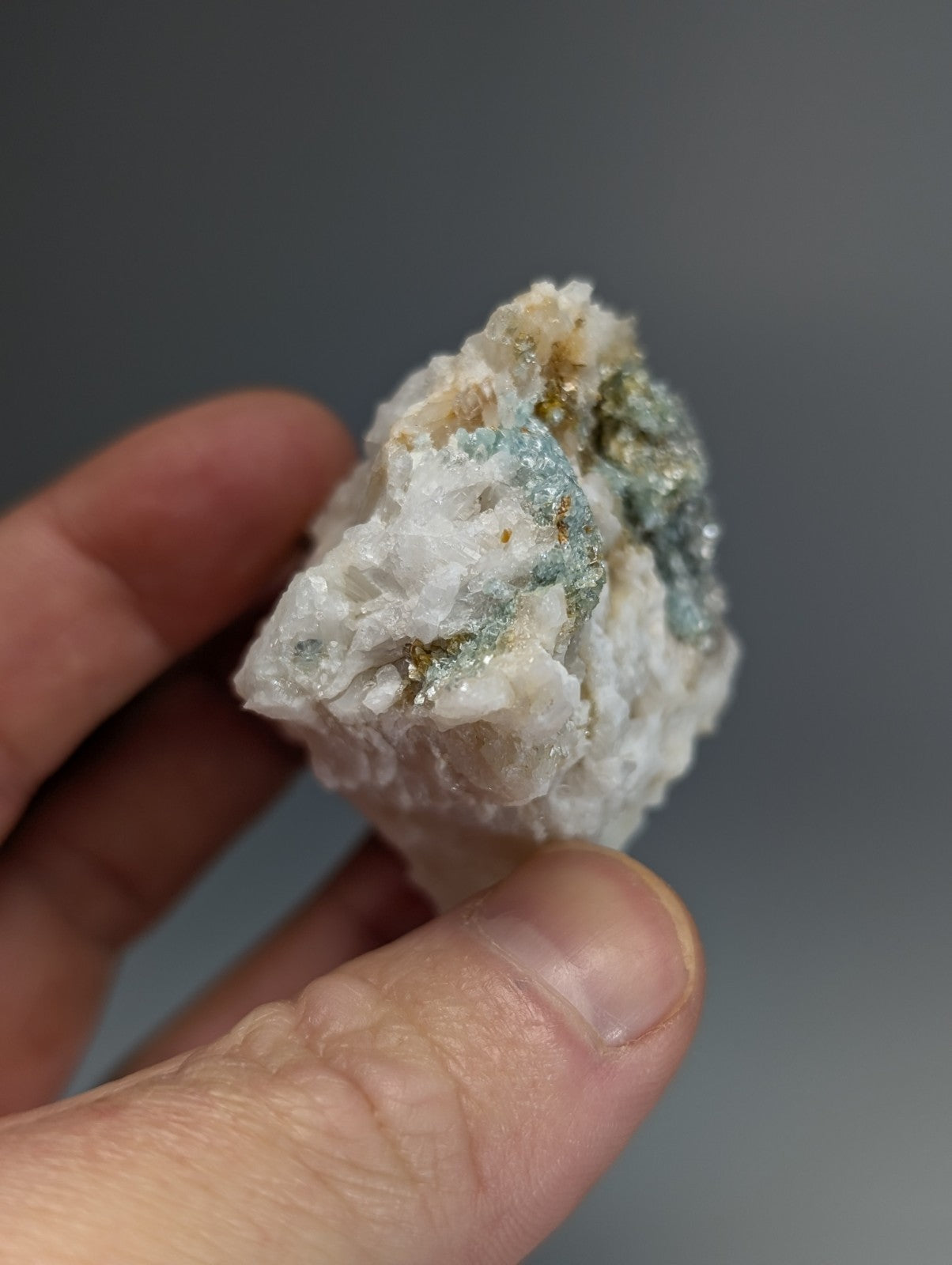 A hand holds a rare blue green cookeite on quartz with shimmering blue and gold flecks from Saline County Arkansas
