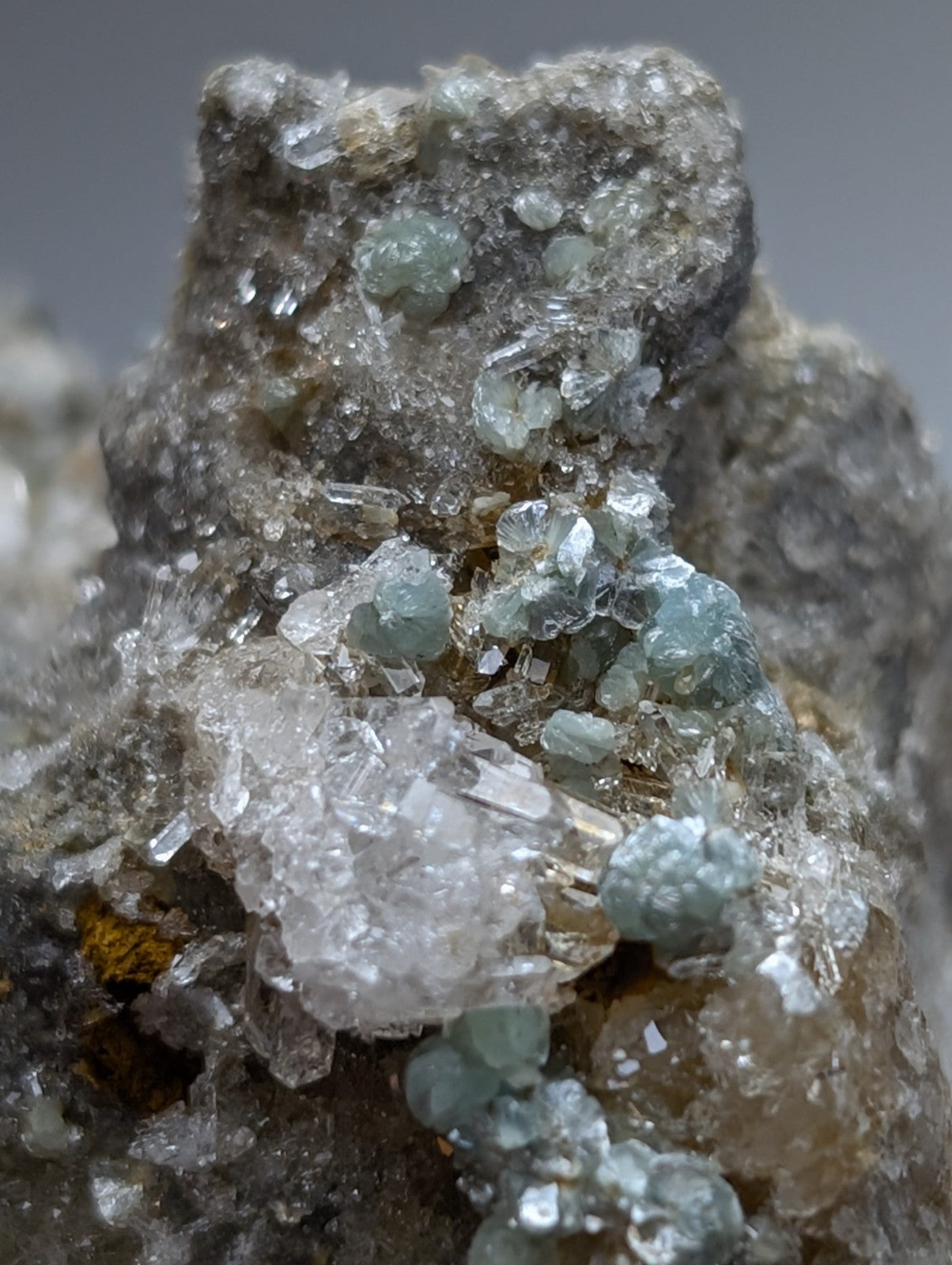 A cluster of pale blue-green translucent cookeite crystals on gray quartz matrix from saline county arkansas, uv reactive