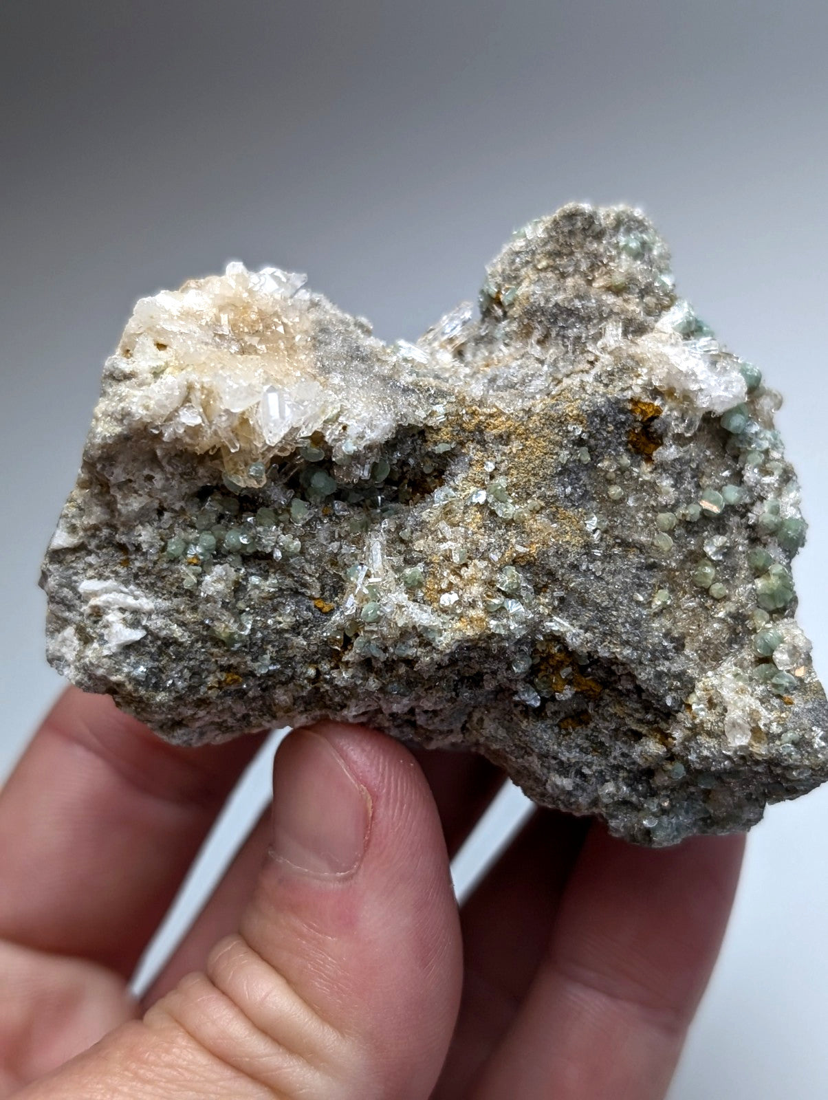 Blue green cookeite on quartz mineral with grayish green and white crystals from saline county arkansas rare uv reactive specimen