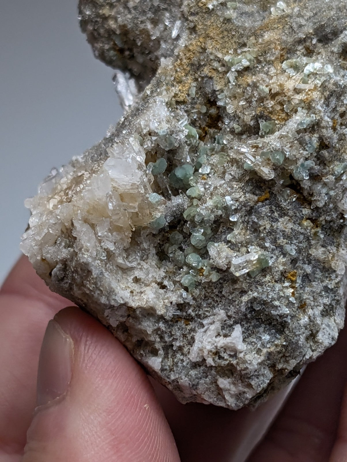 Blue green cookeite on quartz with translucent green and white crystals from saline county arkansas rare uv reactive specimen