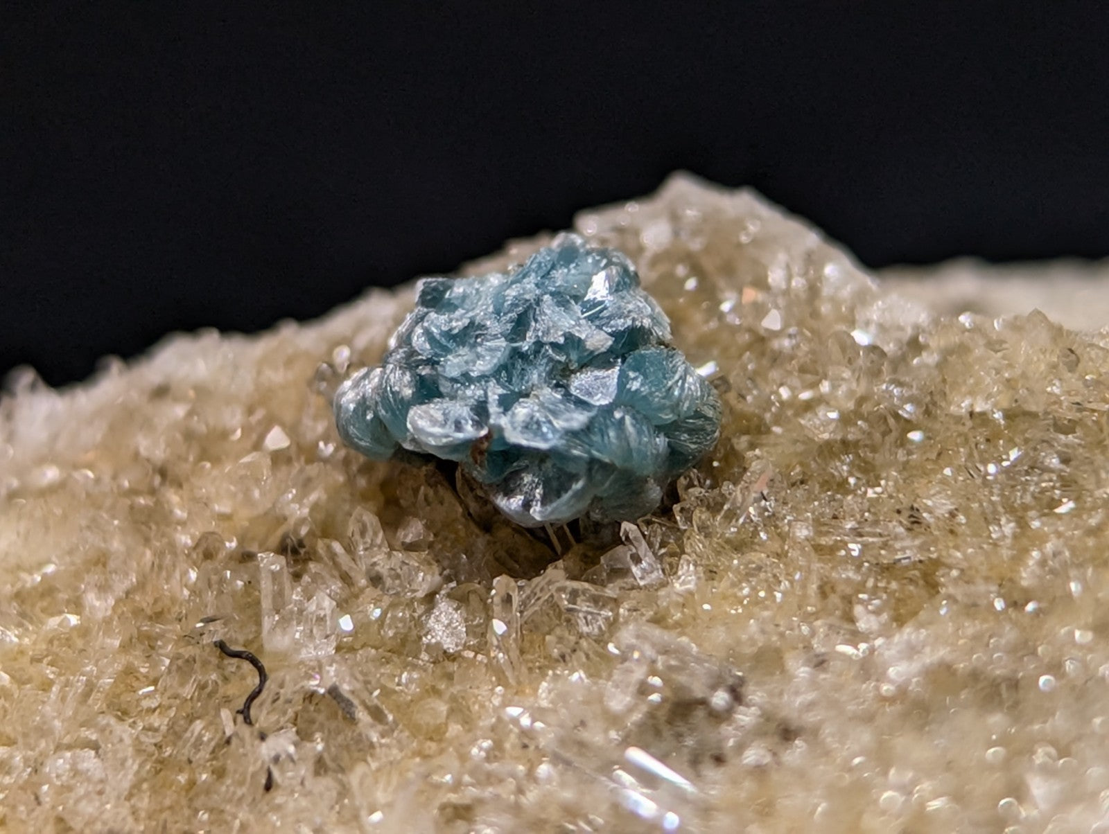 A cluster of translucent blue crystals nestled atop a bed of clear, crystalline rock.