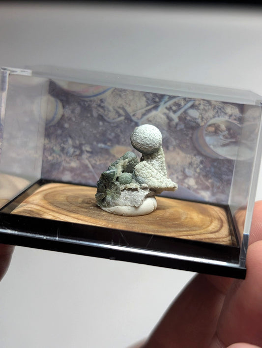 A delicate, pale green and white miniature figurine of a seated figure with textured details sits on a wooden base inside a clear display case.