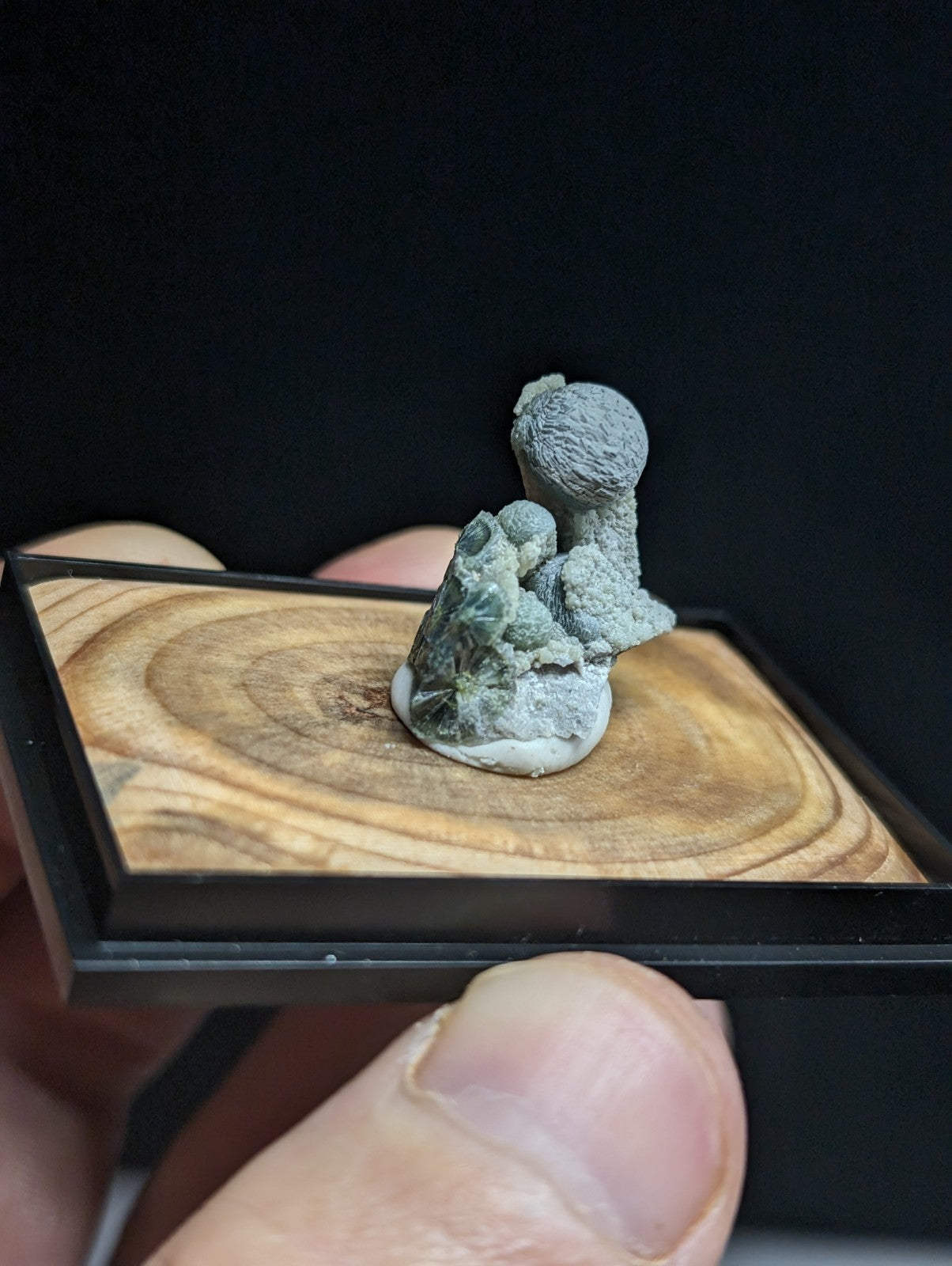 A miniature gray stone figurine of a seated creature with textured, mossy surface and rounded head.
