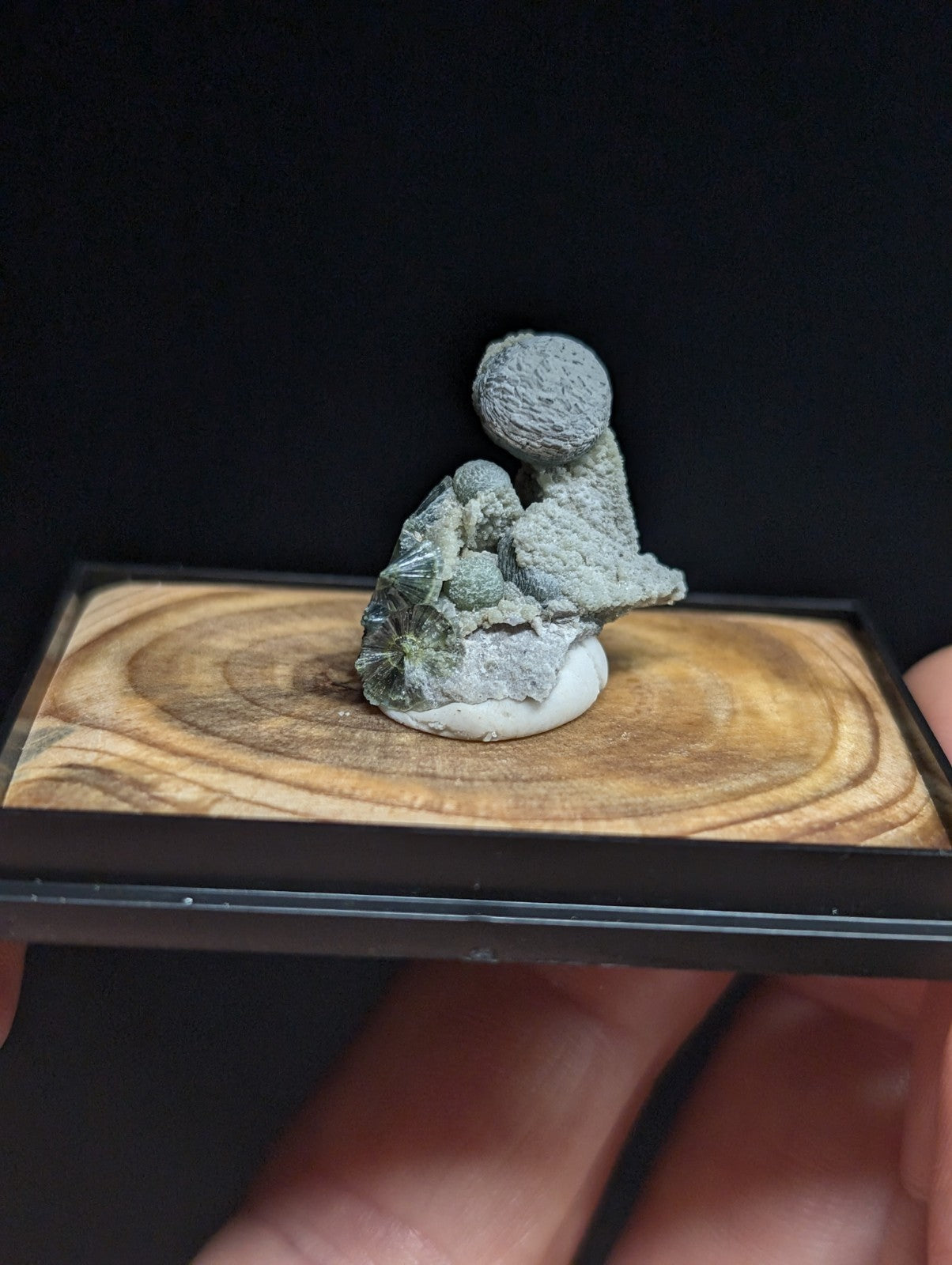 Gray, textured mineral sculpture of a seated figure on a circular white base, displayed within a rectangular wooden display tray.