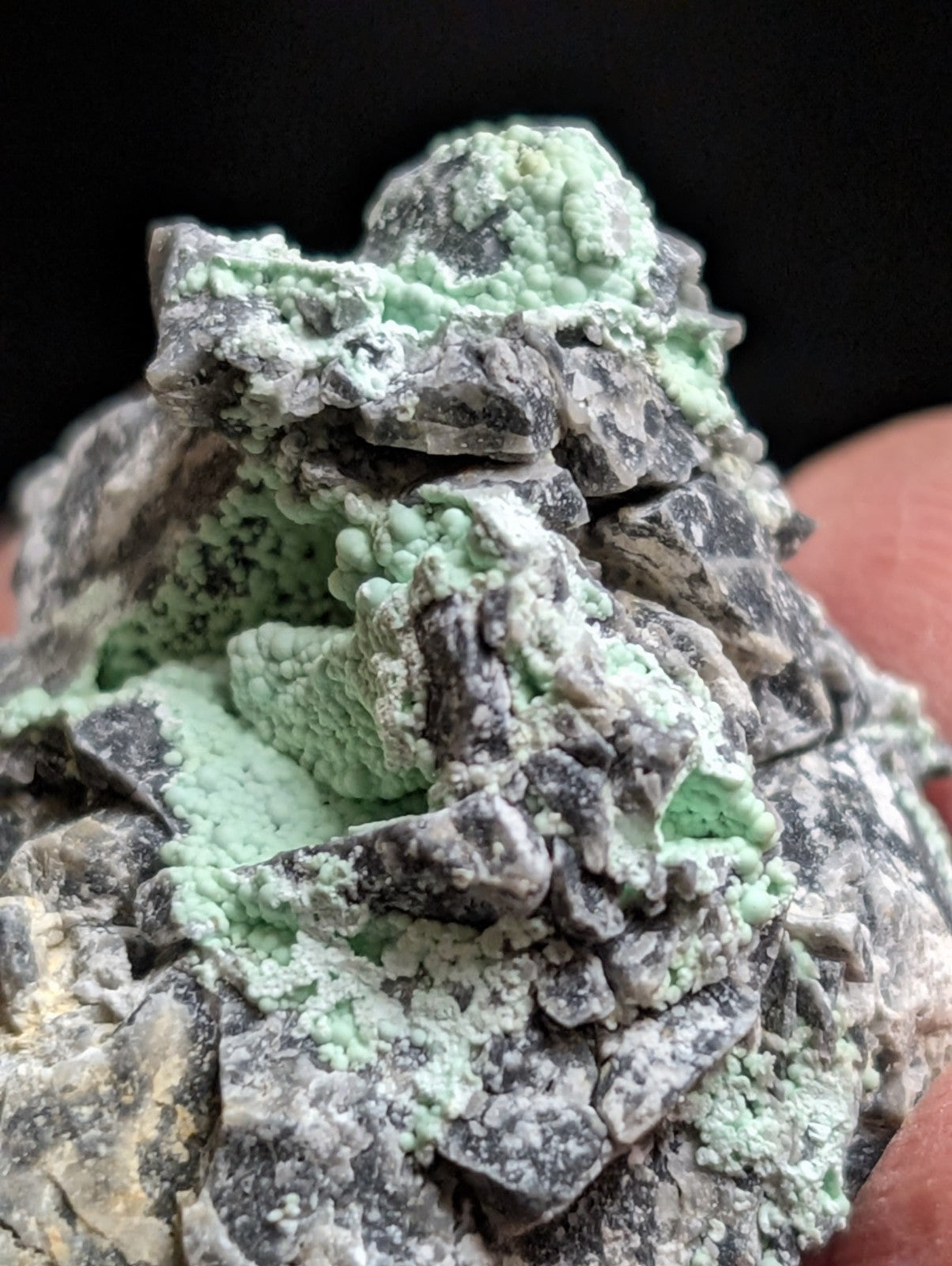 A textured, irregularly shaped mineral specimen featuring a striking contrast between its dark gray rock base and vibrant mint-green crystalline formations.