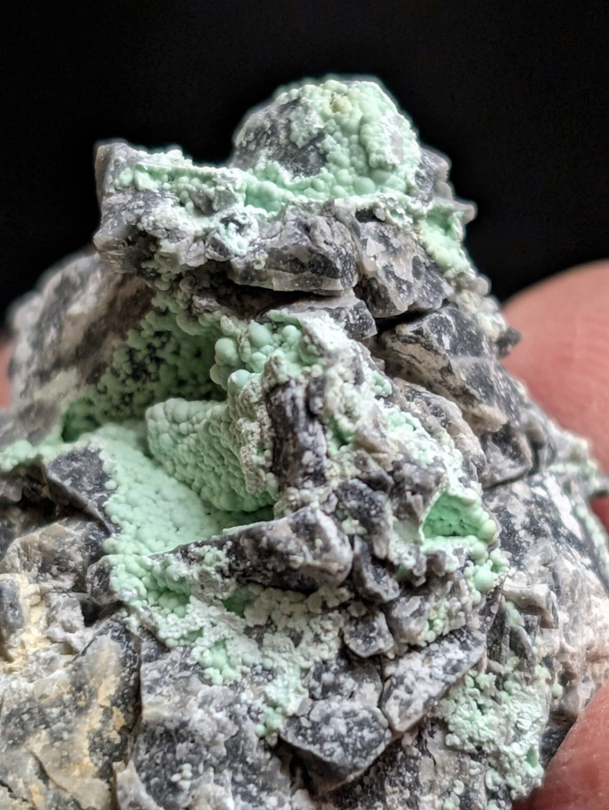 A textured, irregularly shaped mineral specimen featuring a striking contrast between its dark gray rock base and vibrant mint-green crystalline formations.