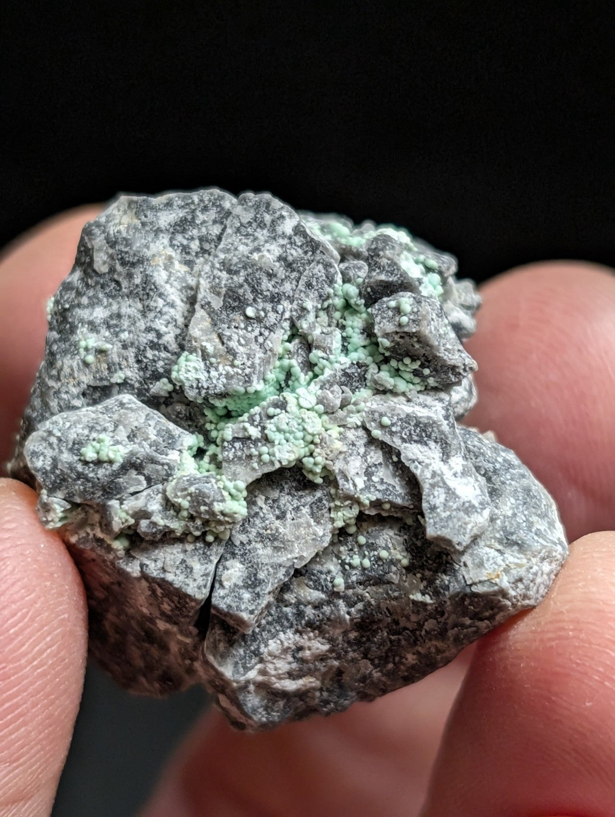 A hand holds a rough, gray rock specimen with patches of vibrant green mineral growth.