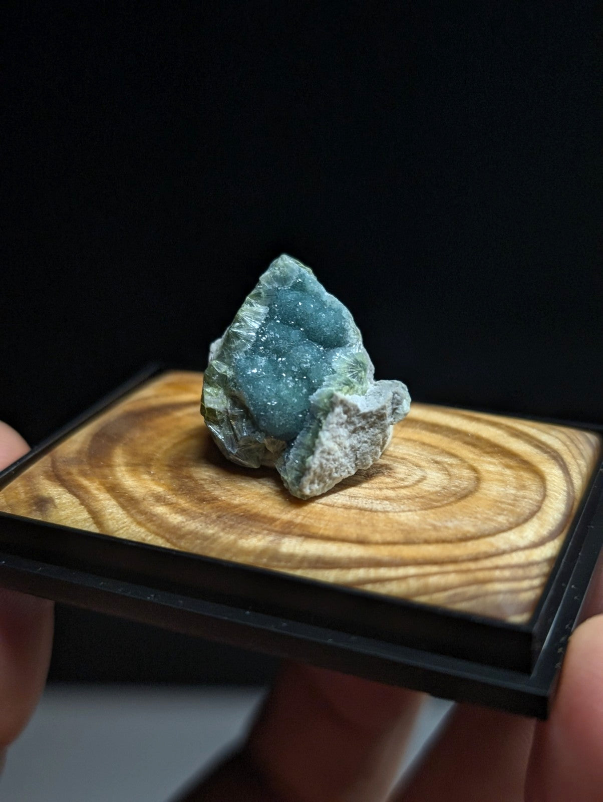 A striking teal-blue mineral specimen with a crystalline, glittering surface and rough, earthy base rests elegantly on a polished wooden display tray.
