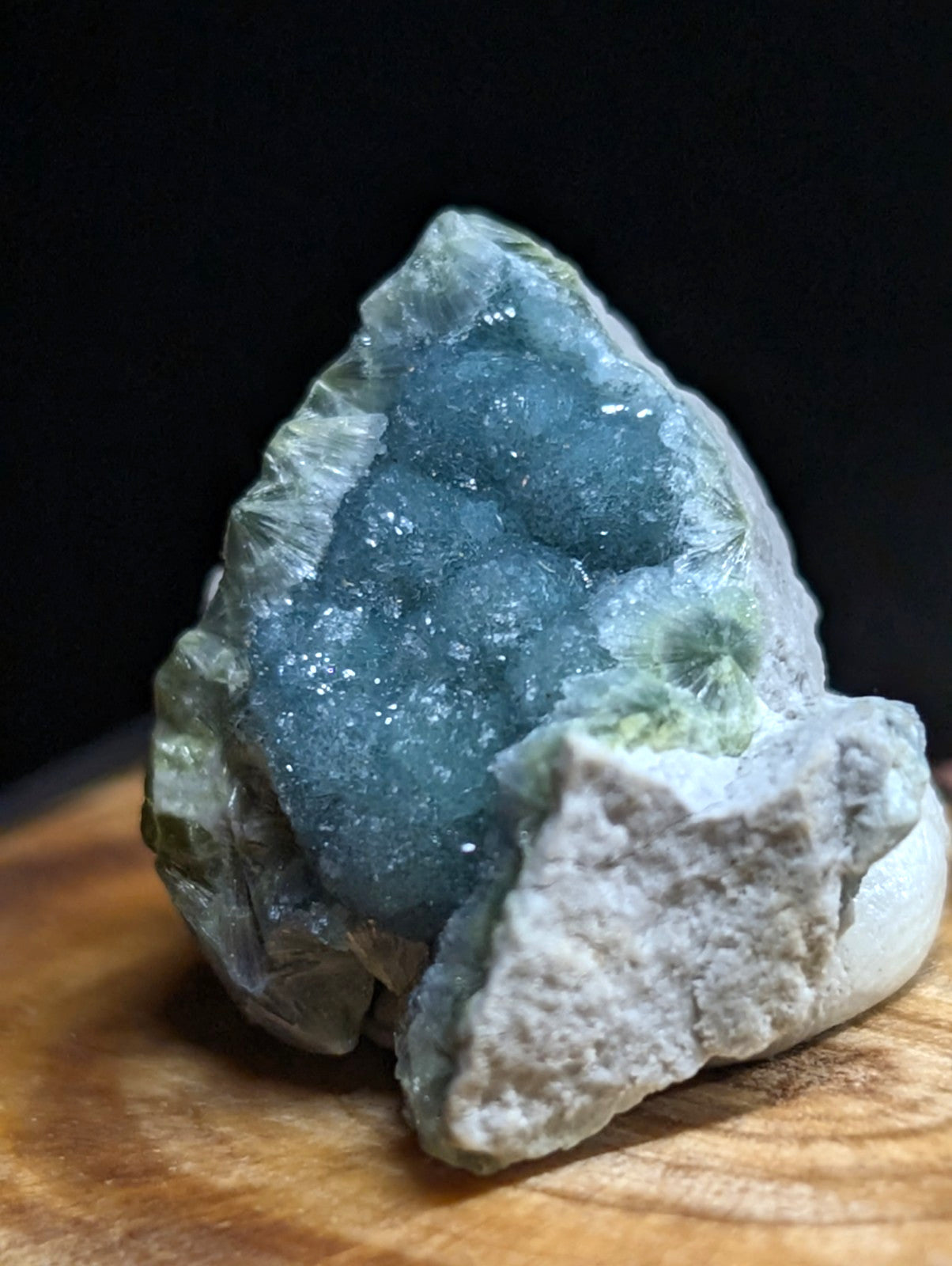 A striking blue-green mineral specimen with a crystalline, glittering surface nestled within rougher gray rock.