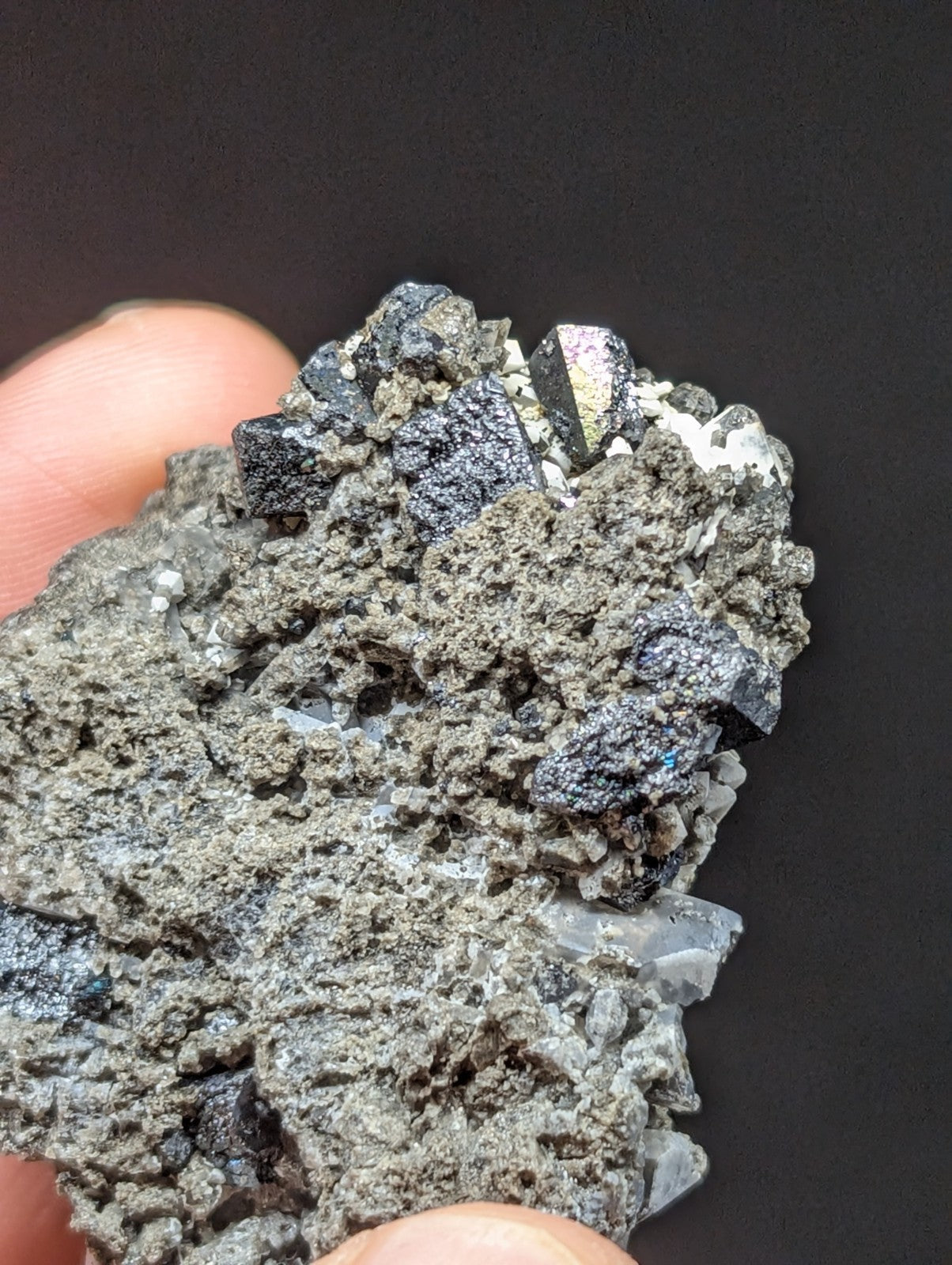 A hand holds a rough, grayish mineral specimen featuring dark, metallic-looking crystals with some exhibiting subtle golden reflections.