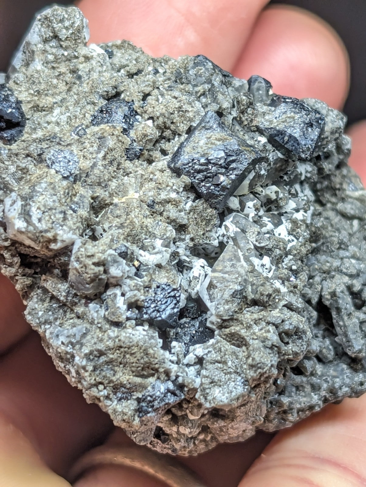 A rough, grayish-green mineral specimen with dark black crystalline inclusions and white veining.