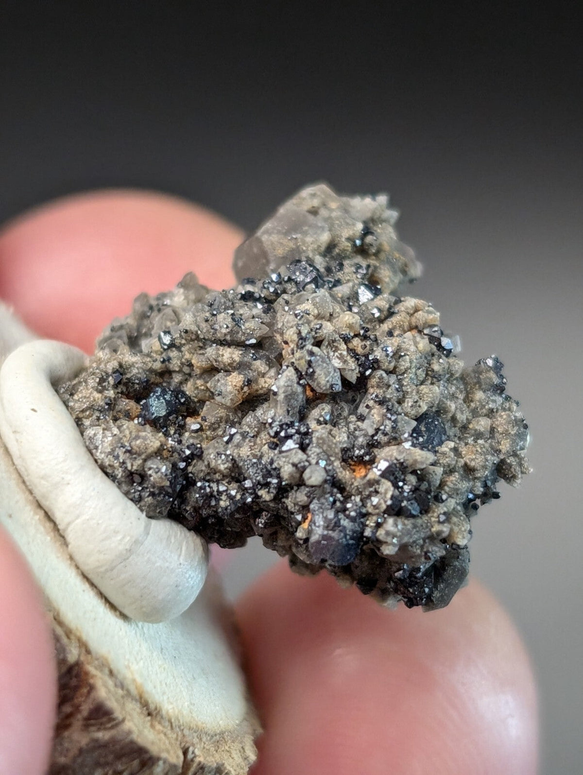 A rough, textured mineral specimen with a mix of dark gray and black crystalline formations embedded in a lighter matrix.