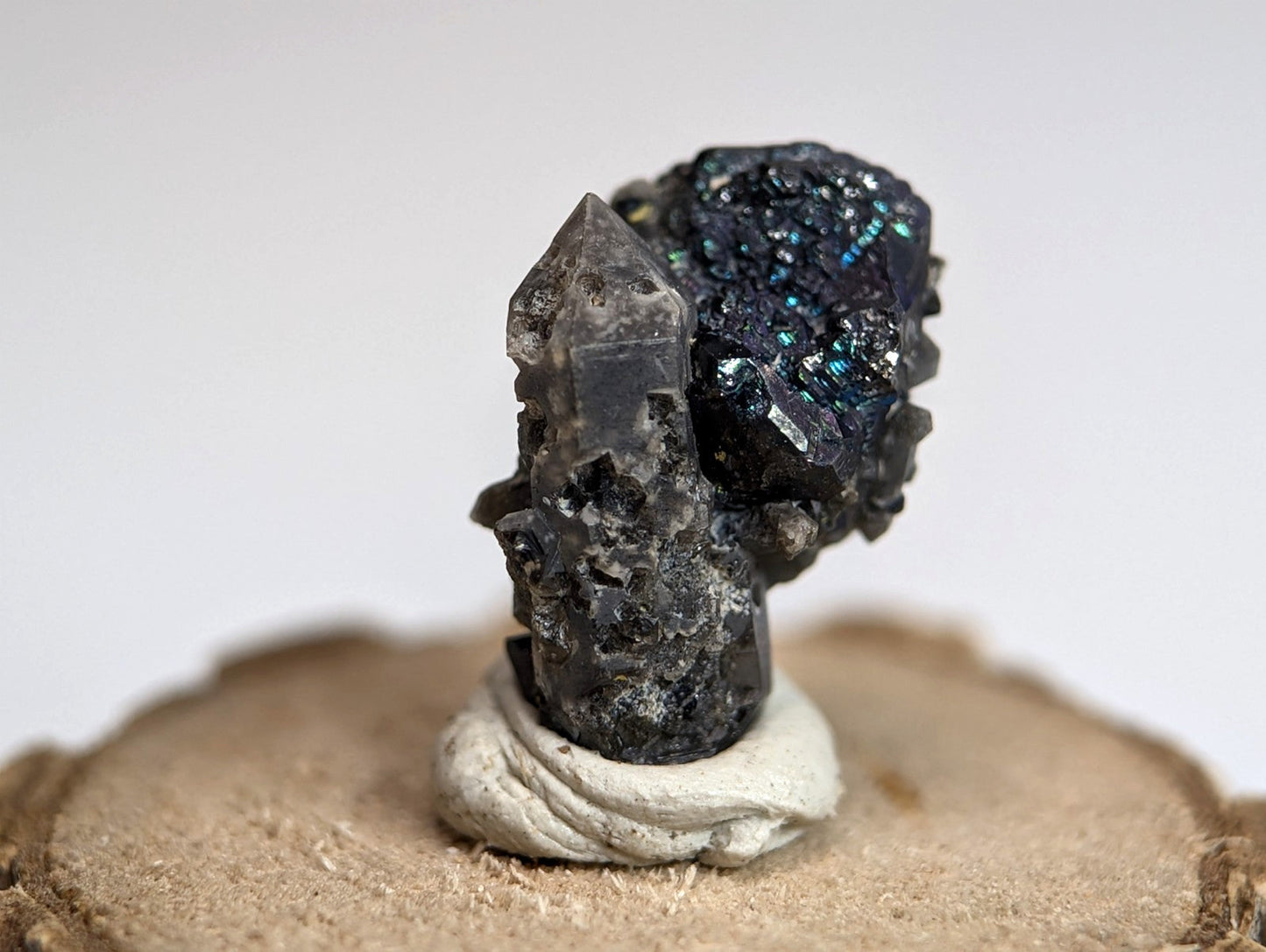 Brookite on smoky quartz mineral with blue green iridescent flecks on textured matrix from magnet cove arkansas with wood display