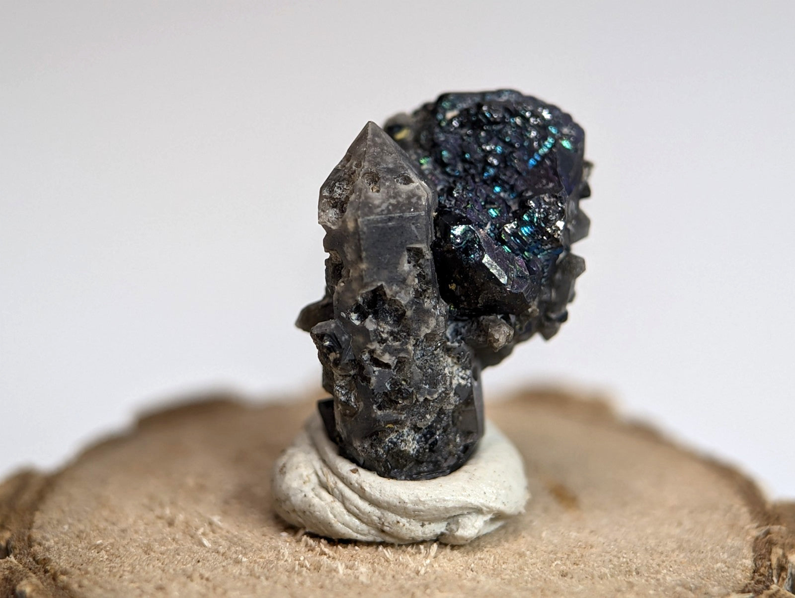 Brookite on smoky quartz mineral with blue green iridescent flecks on textured matrix from magnet cove arkansas with wood display