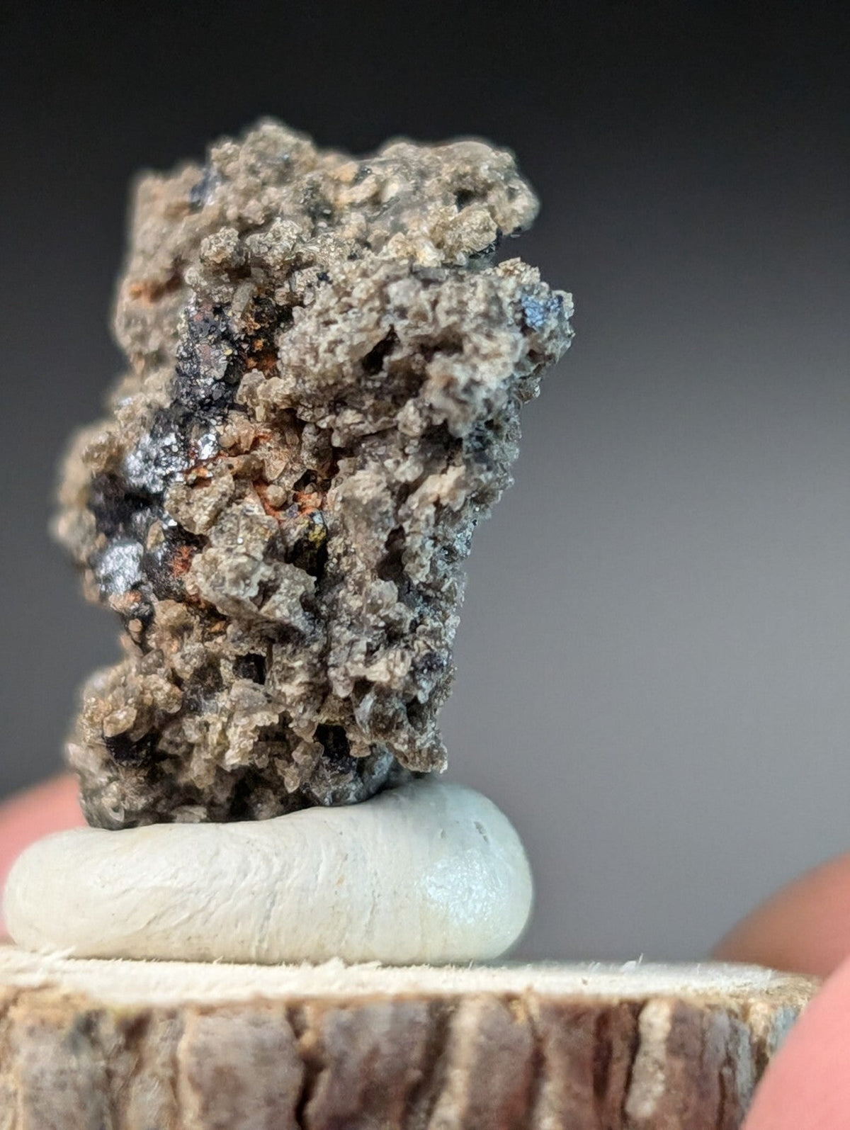 A rugged, textured mineral specimen with a mottled gray and black surface accented by subtle blue flecks.