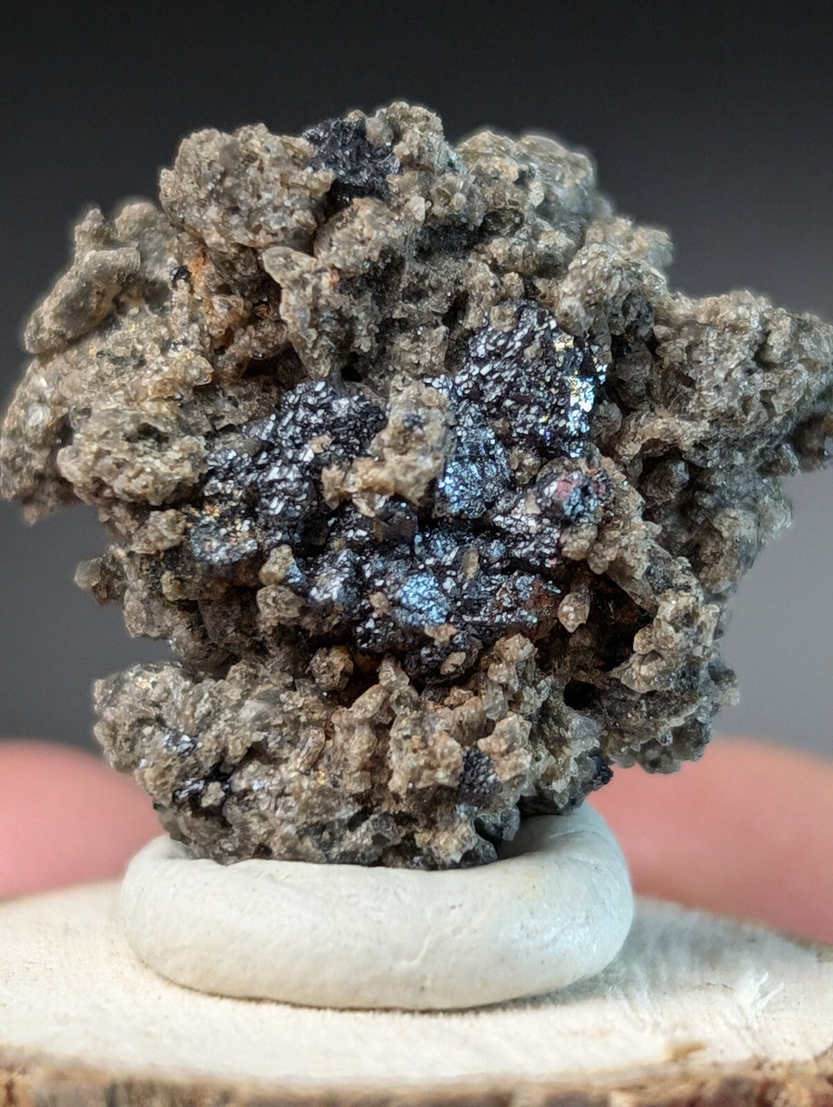 A textured, grayish mineral specimen with iridescent blue and black patches sits atop a white circular base.