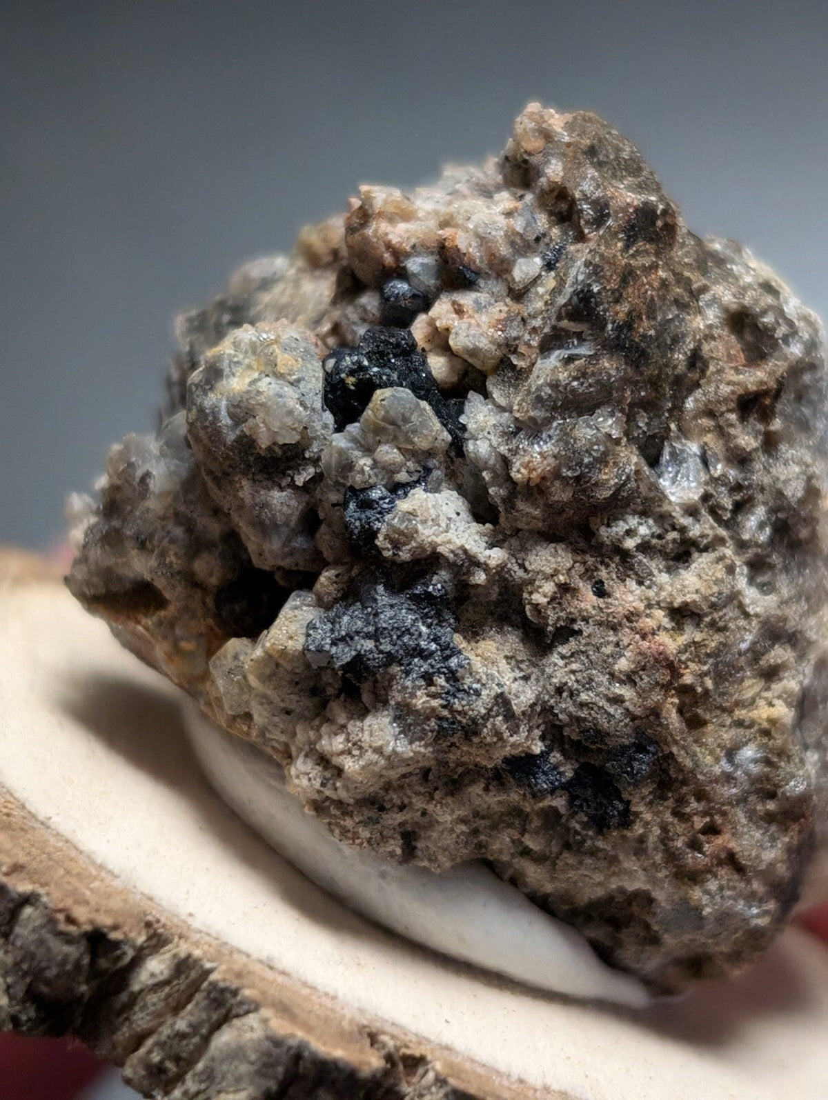 A rugged, textured mineral specimen featuring a mix of grayish-brown rock with prominent dark blue-black crystalline inclusions.
