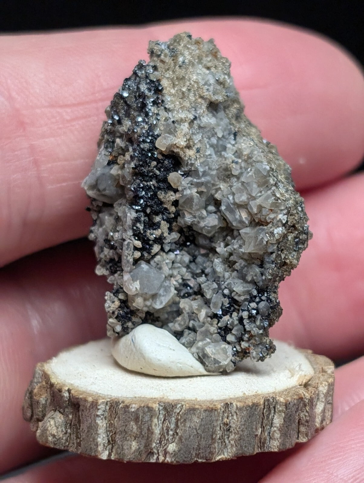 A gray and black mineral specimen with crystalline formations rests on a circular wooden base.