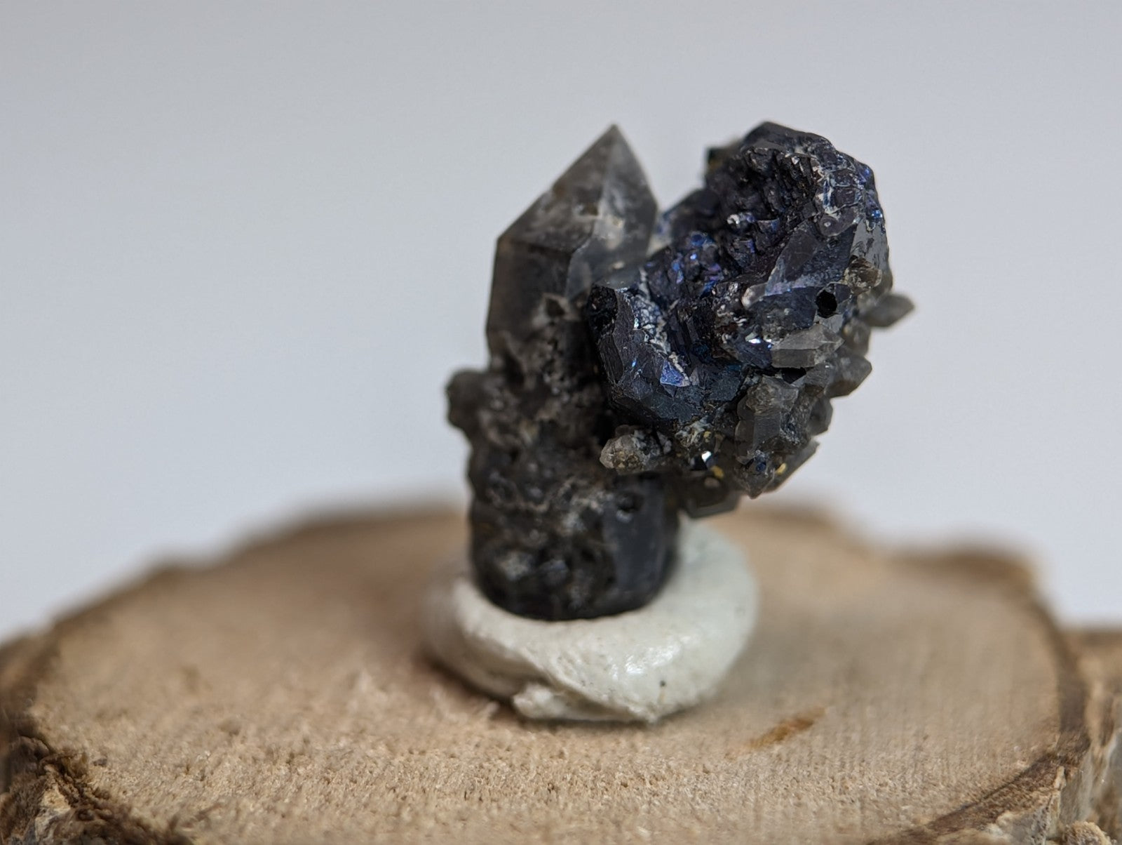 Brookite on smoky quartz mineral specimen with dark blue and translucent gray facets on wood display from magnet cove arkansas