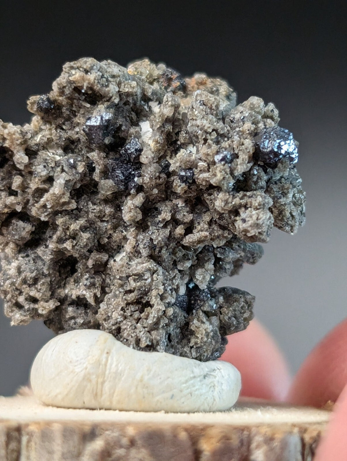A textured, grayish mineral specimen with dark, metallic-looking inclusions.