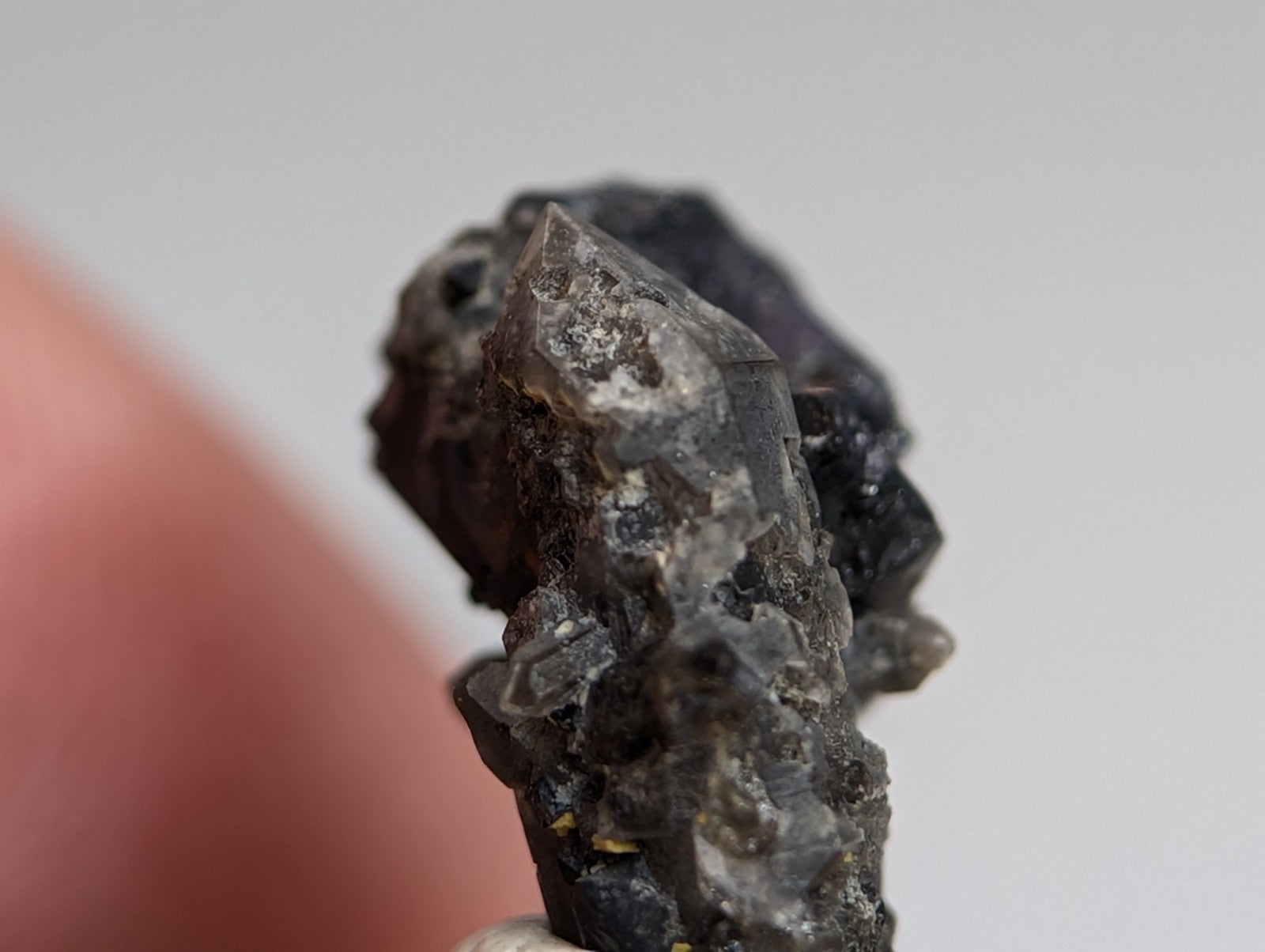 Brookite on smoky quartz mineral with dark rough texture and yellow specks displayed on wood from Magnet Cove Arkansas