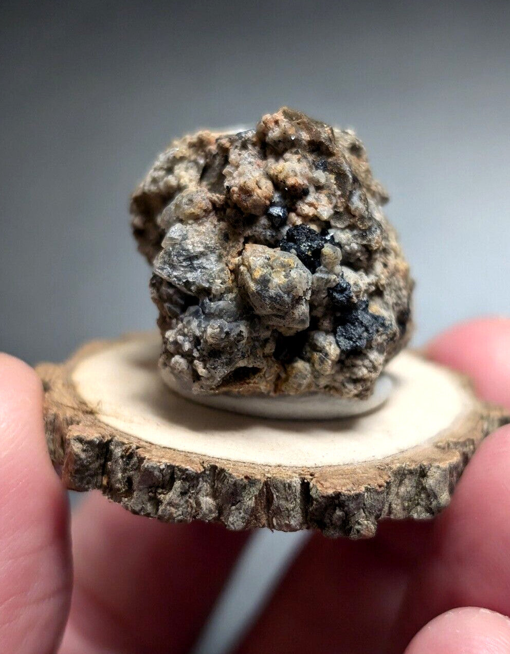 A rugged, earthy mineral specimen with dark blue-black crystals nestled among gray and tan rock.