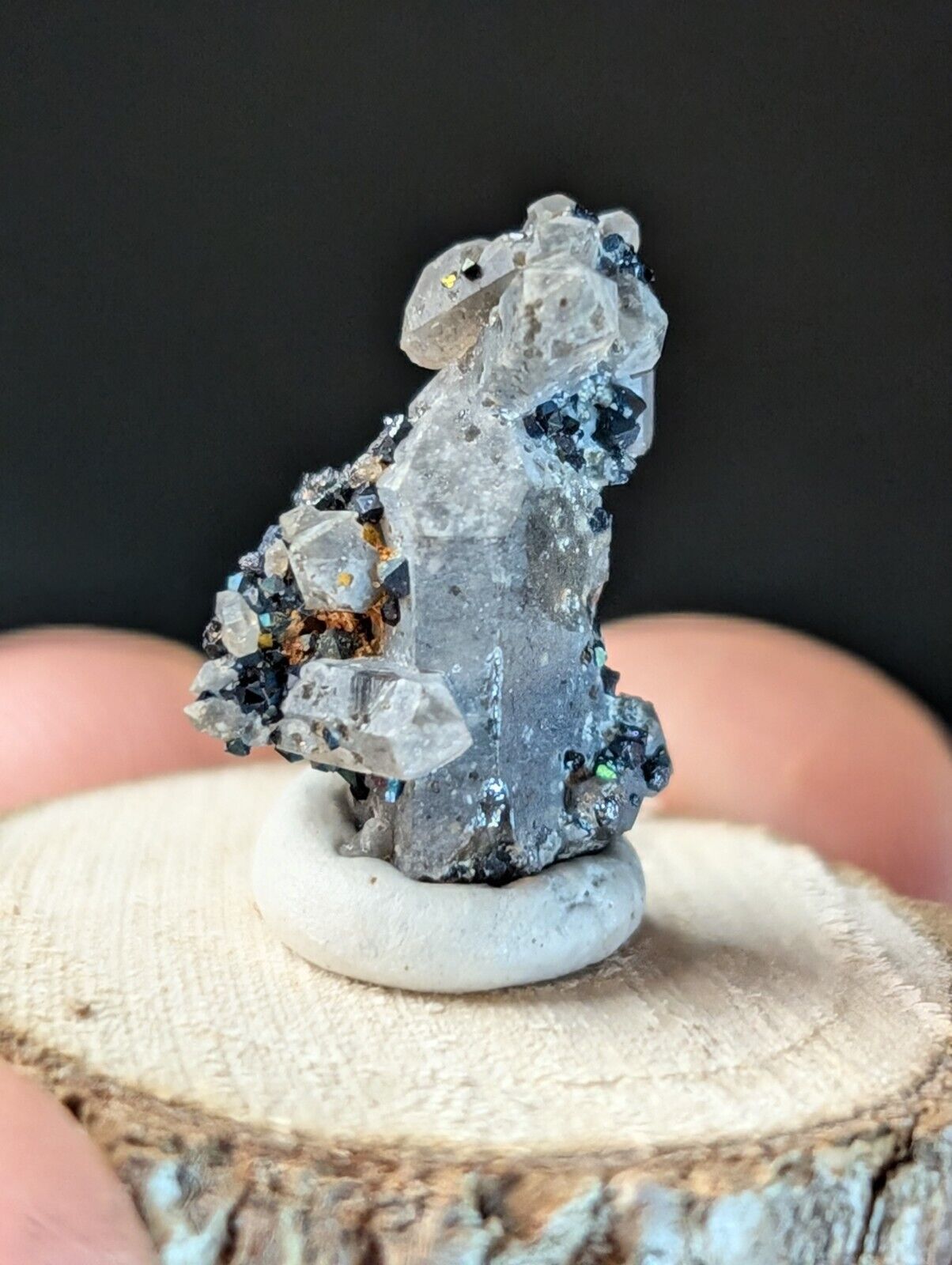 Brookite on Smoky Quartz Magnet Cove Arkansas USA Old Stock w/ wood display - Collectibles:Rocks Fossils &