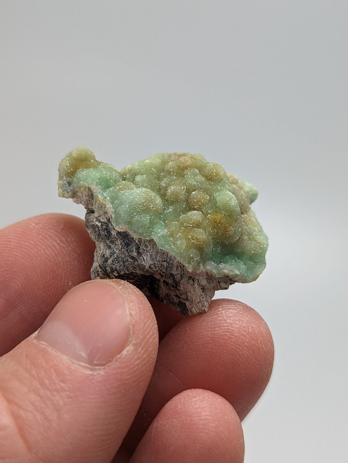 A light green, bumpy mineral specimen with golden-yellow speckles and a rough gray base.