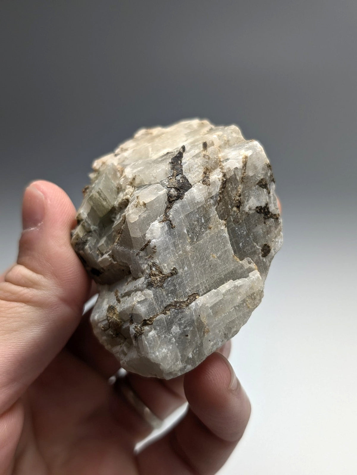 Calcio carbonatite mineral specimen from magnet cove arkansas with translucent pale gray crystalline facets and dark veining