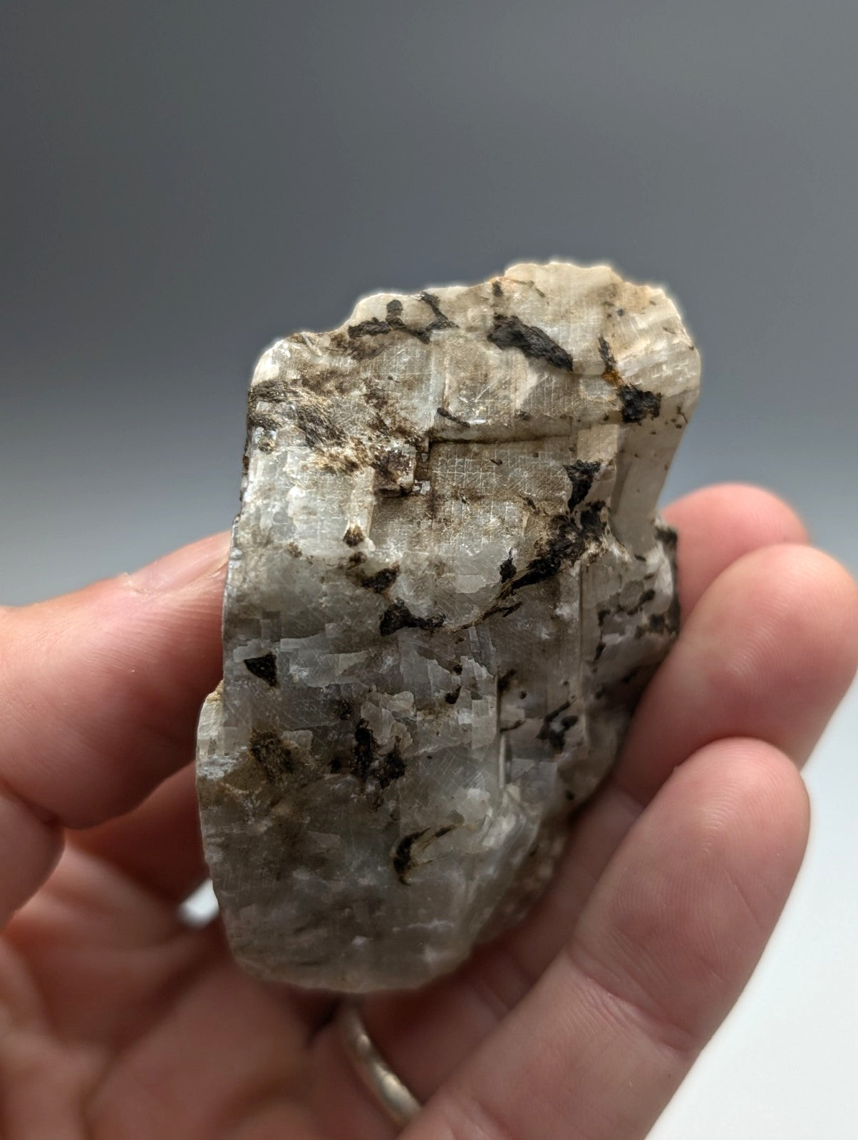 Calcio carbonatite mineral specimen grayish-white translucent crystal with dark inclusions from Magnet Cove Arkansas