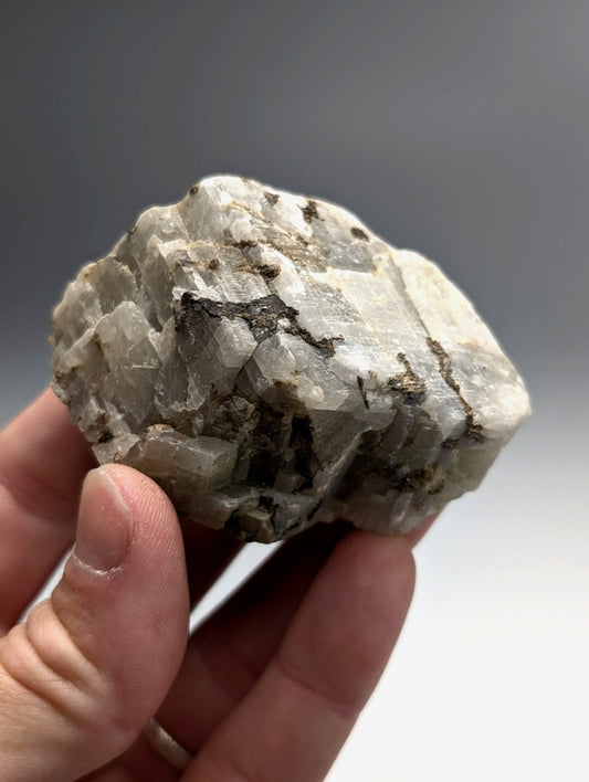 A rough translucent white calcio carbonatite mineral with dark veining and crystalline facets from magnet cove arkansas