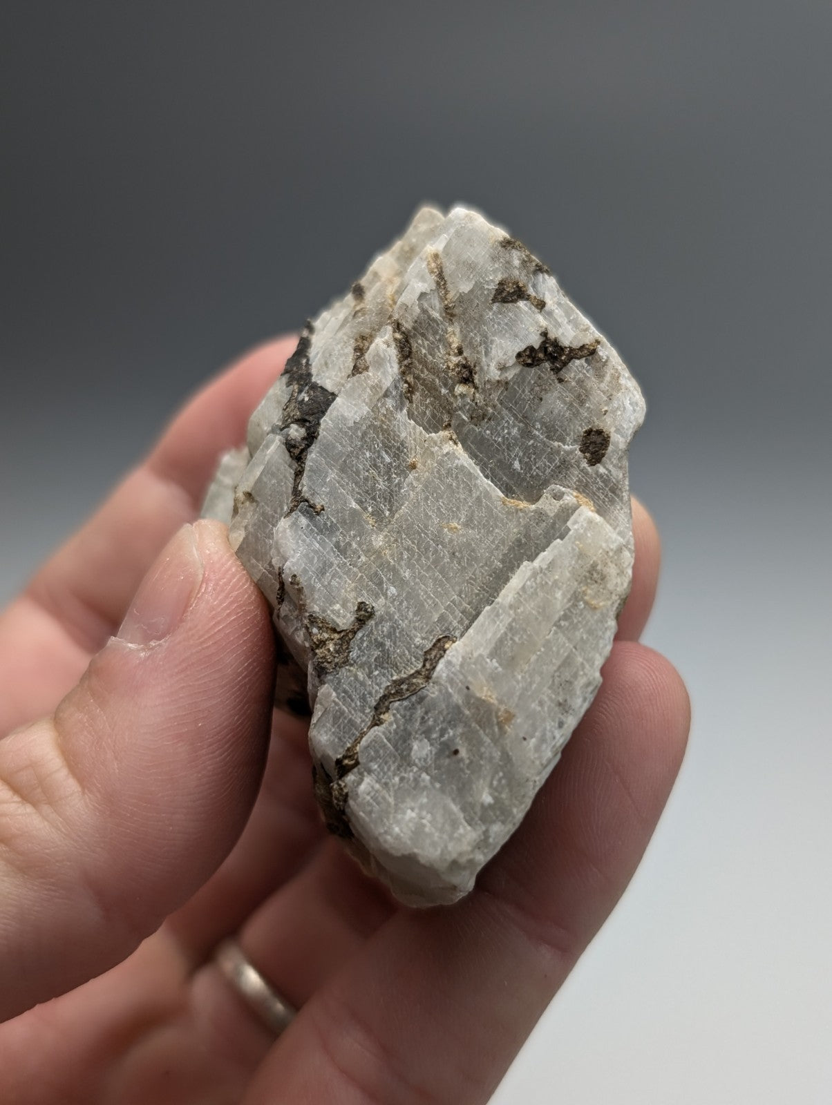 Calcio carbonatite mineral specimen from magnet cove arkansas with pale gray translucent layers and dark brown inclusions
