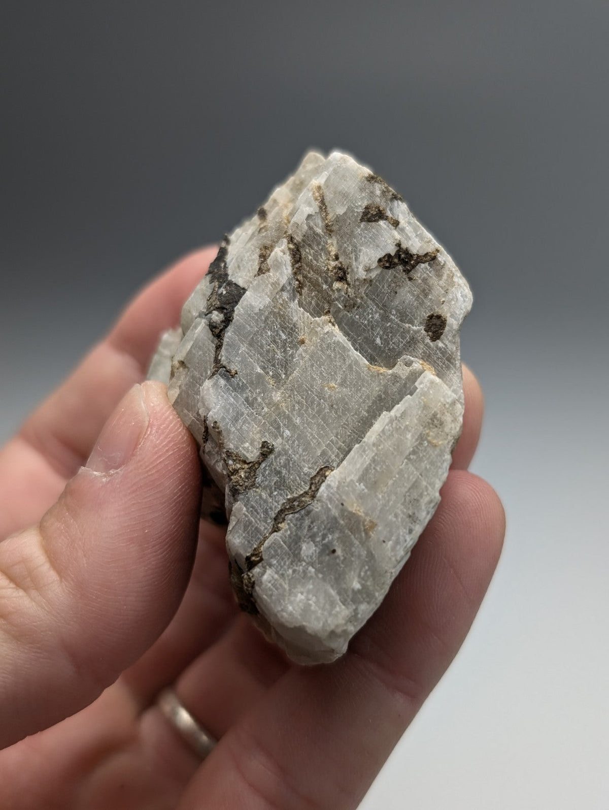 Calcio carbonatite mineral specimen from magnet cove arkansas with pale gray translucent layers and dark brown inclusions