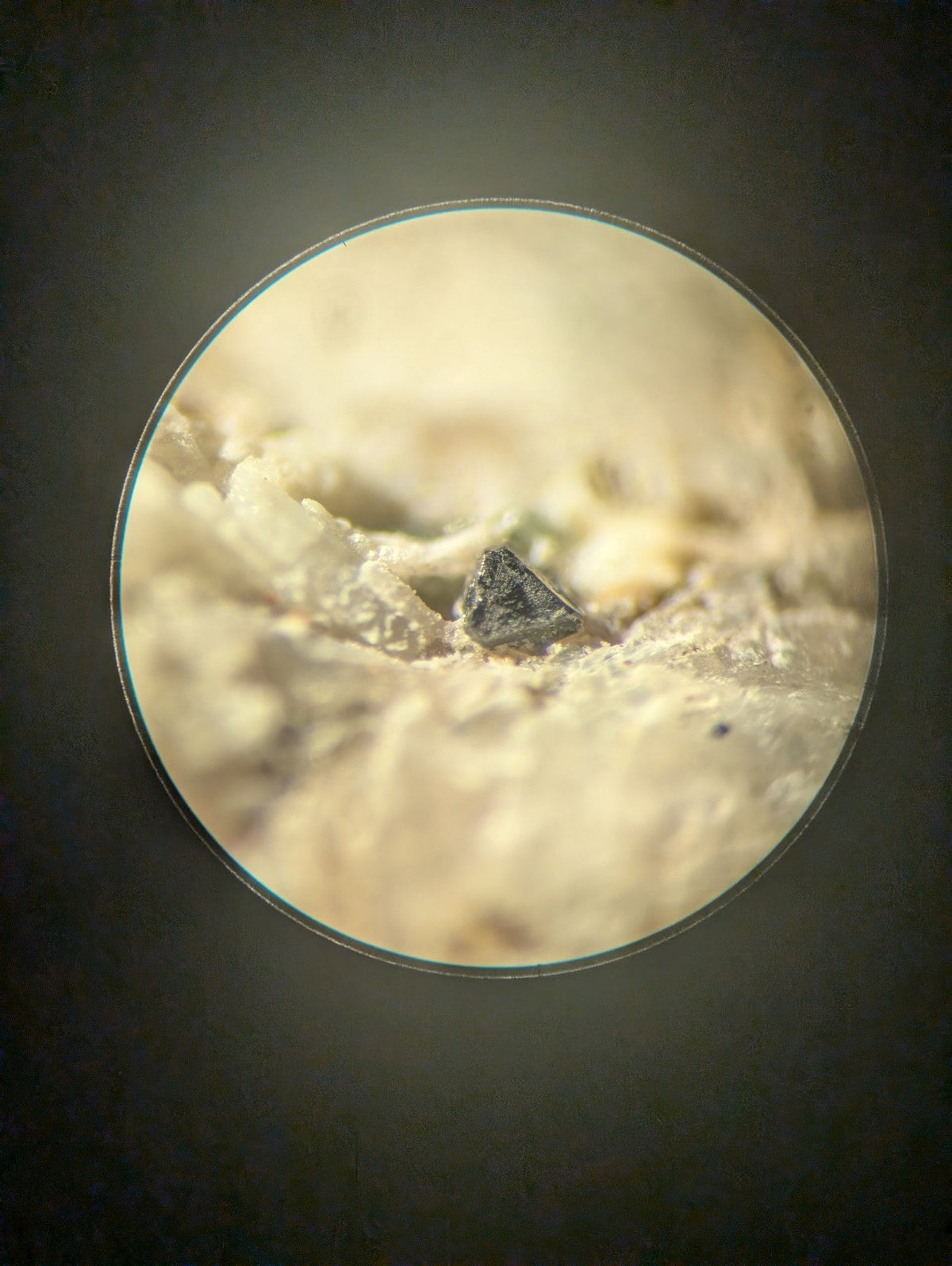 A dark, angular mineral fragment viewed through a circular magnifying lens.
