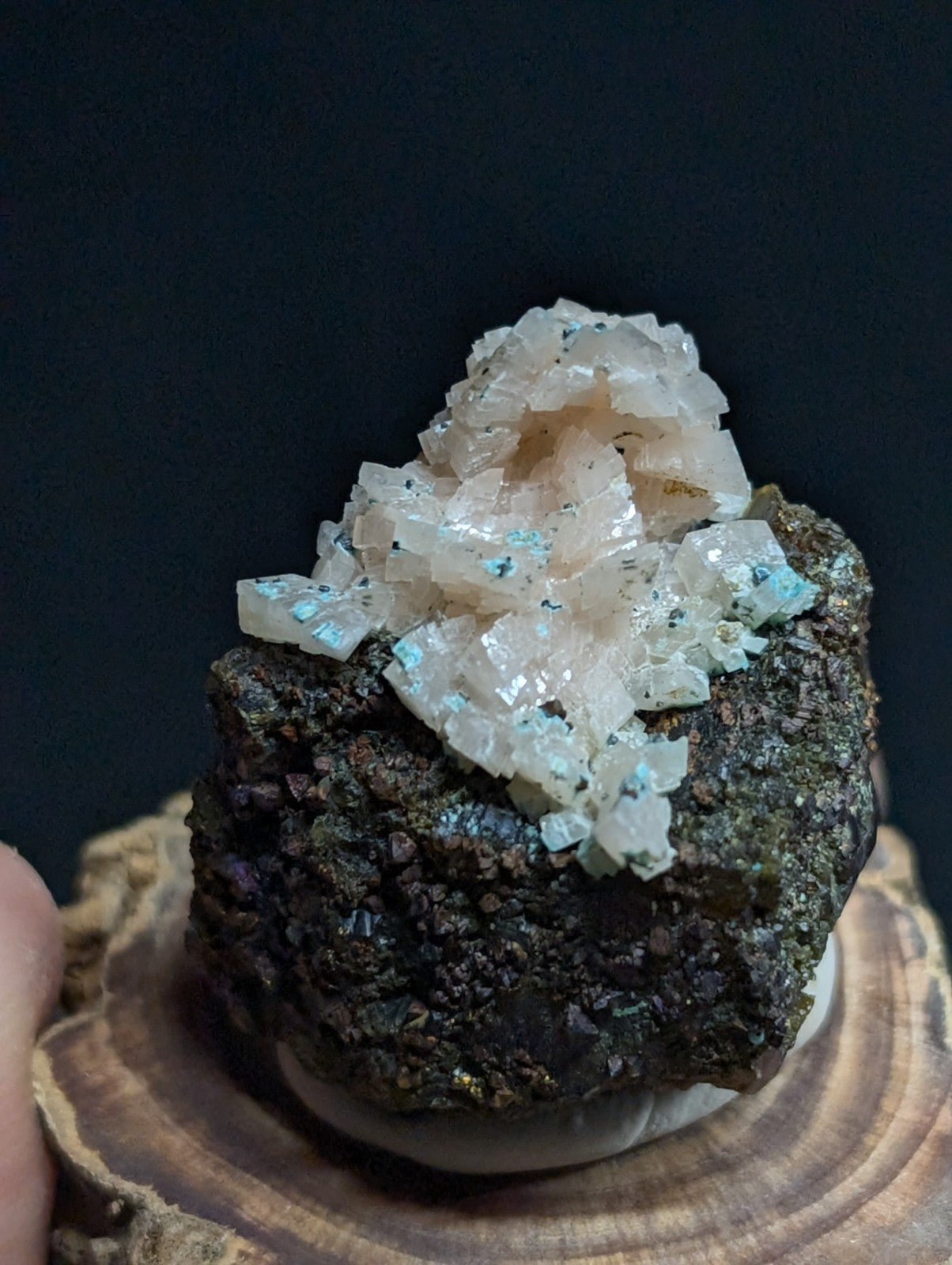 A translucent, crystalline mineral formation with a pale blue and white hue sits atop a dark, textured rock base.