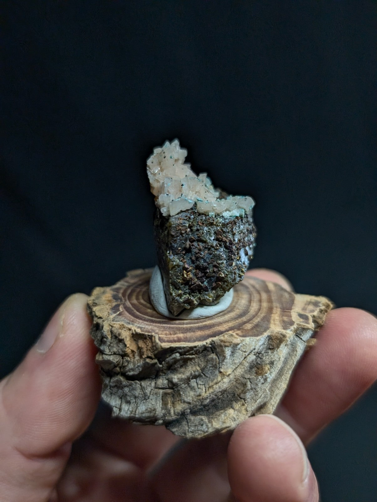 A dark, textured mineral specimen with a crystalline top rests on a circular wooden base.