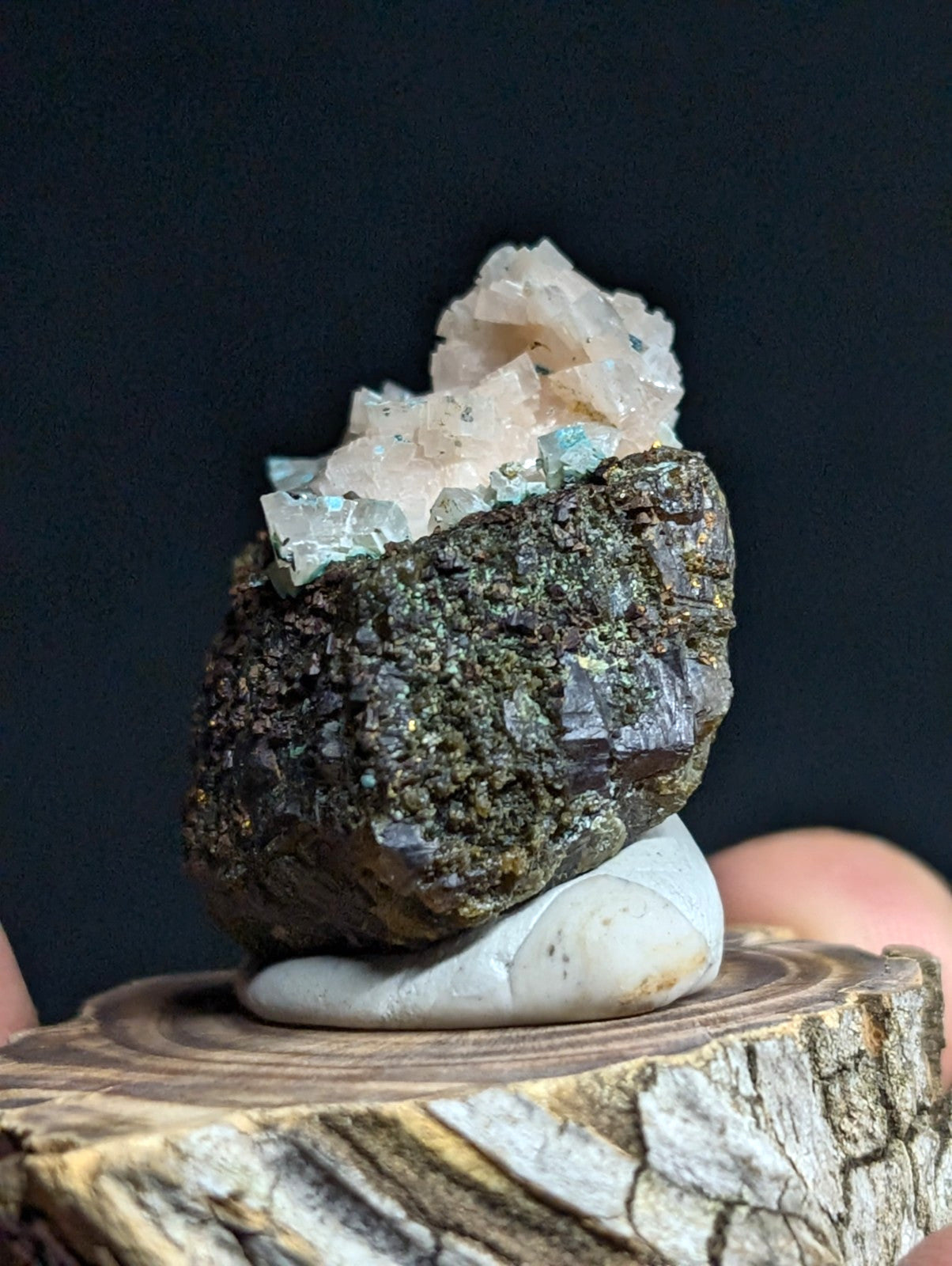 A striking mineral specimen featuring a dark, textured matrix topped with translucent pink and teal crystalline formations.