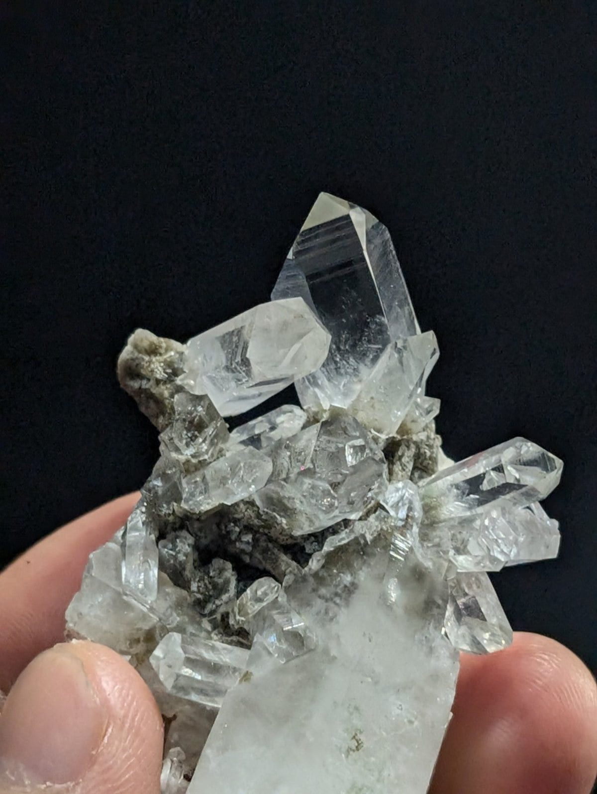 A cluster of clear, transparent quartz crystals with sharp facets and a natural gray matrix base.