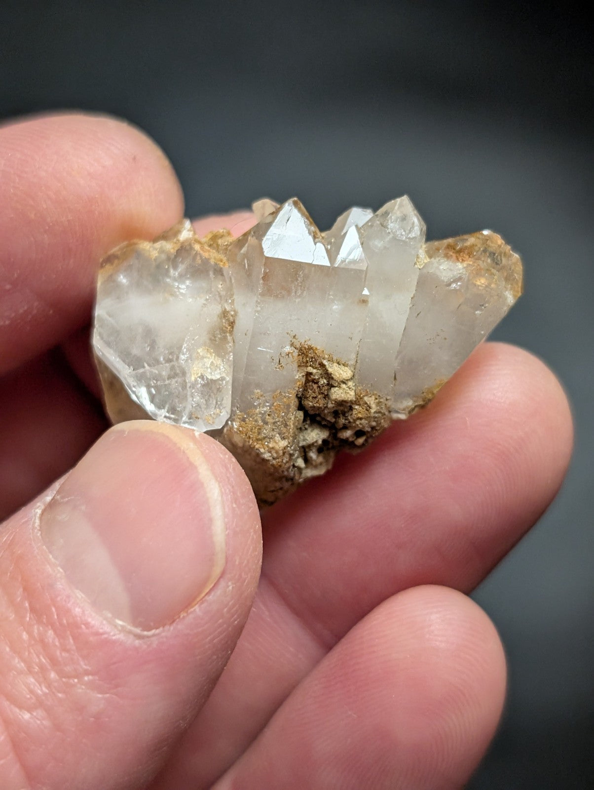 A cluster of clear quartz crystals with sharp, faceted points emerging from a rough, earthy matrix.