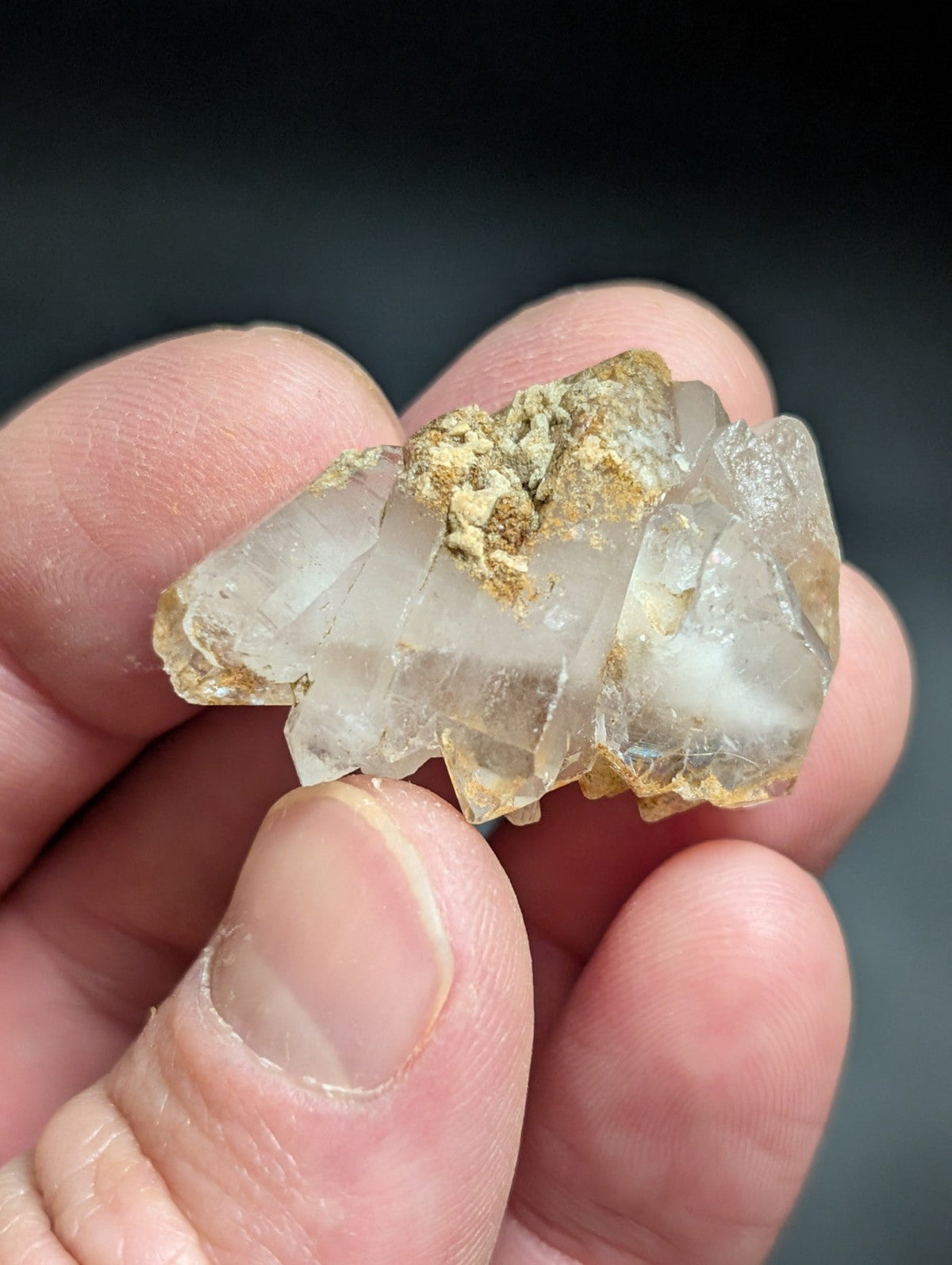 A translucent, clear quartz crystal cluster with golden-brown mineral inclusions.