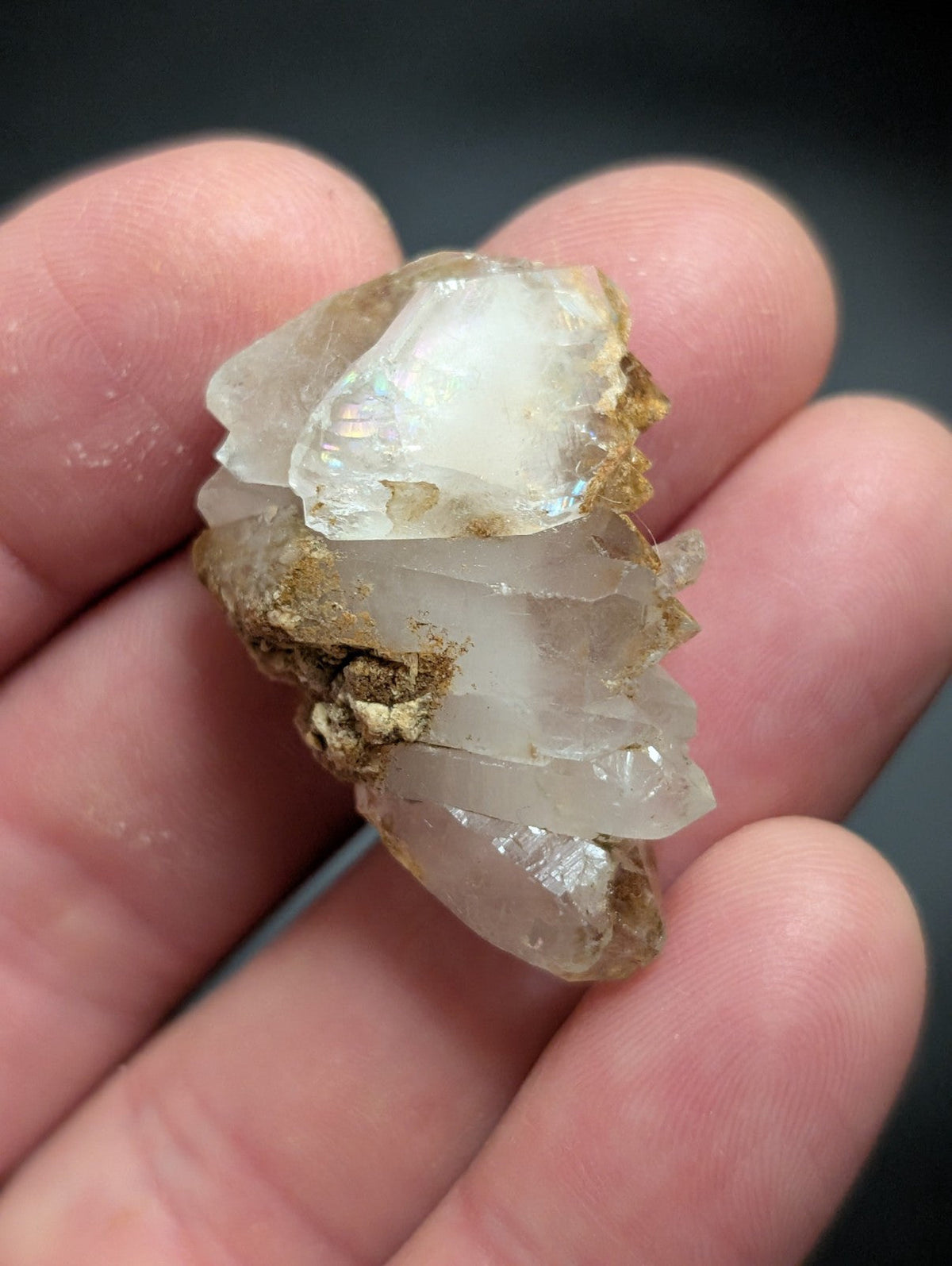 A cluster of translucent quartz crystals with a pale, milky white hue and jagged edges, held gently in the palm.