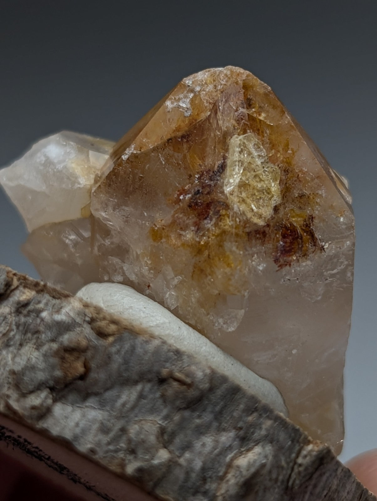 A translucent golden-yellow clay-included quartz with brown and yellow inclusions on a natural wood base from Arkansas