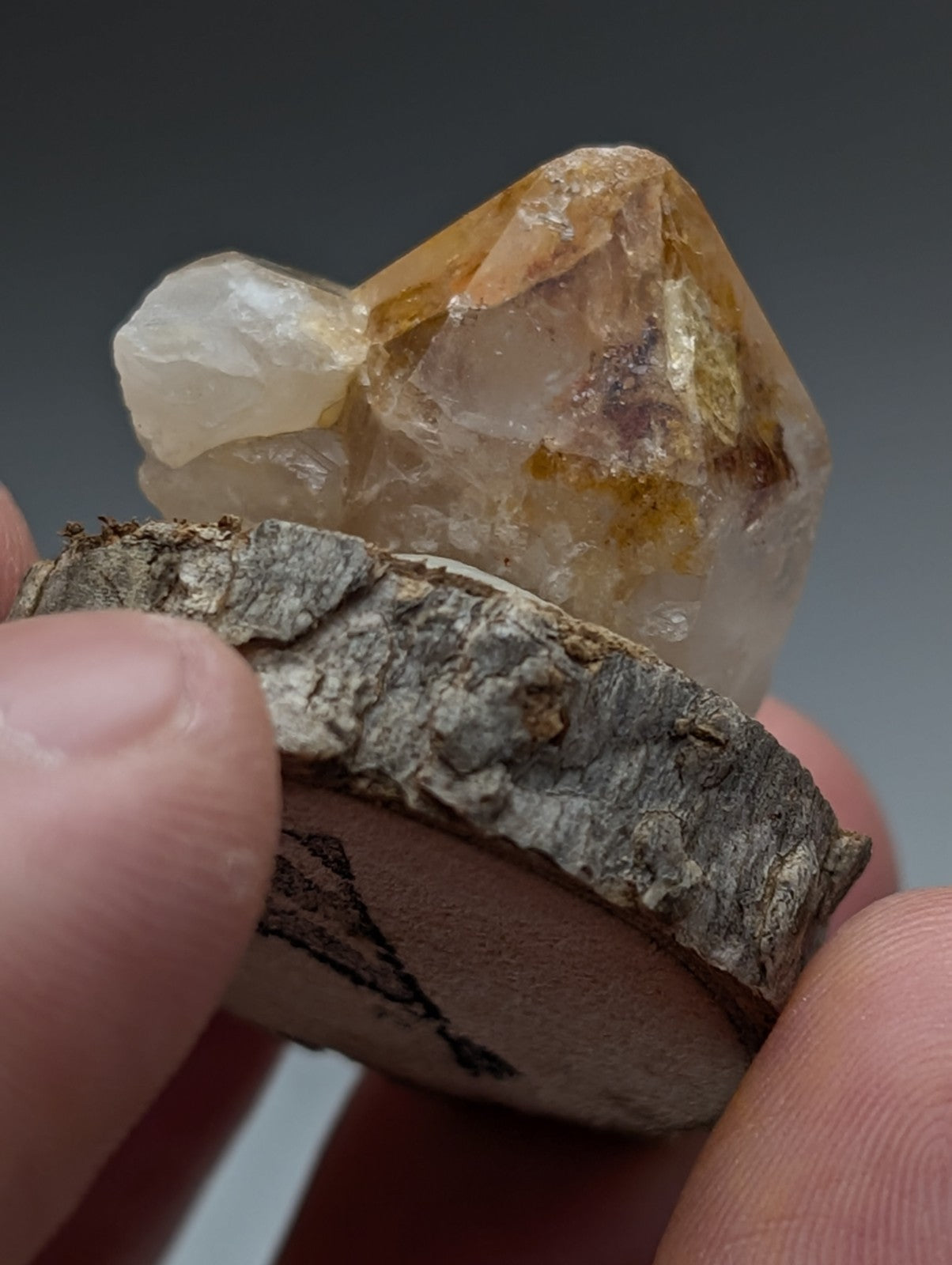 Clay-included quartz with translucent yellow-orange crystal and white quartz inclusion on natural wood base from Arkansas