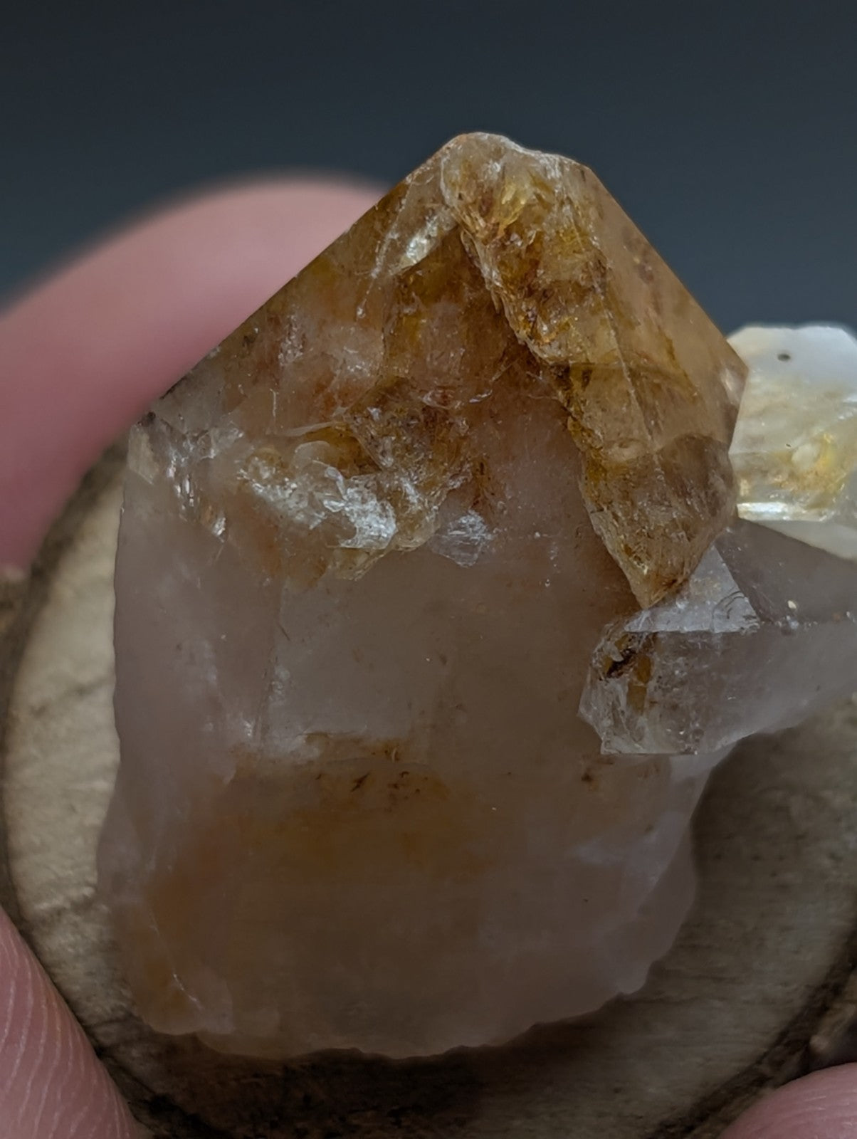 A translucent amber clay-included quartz crystal with rough faceted surface on a natural wood base from Arkansas
