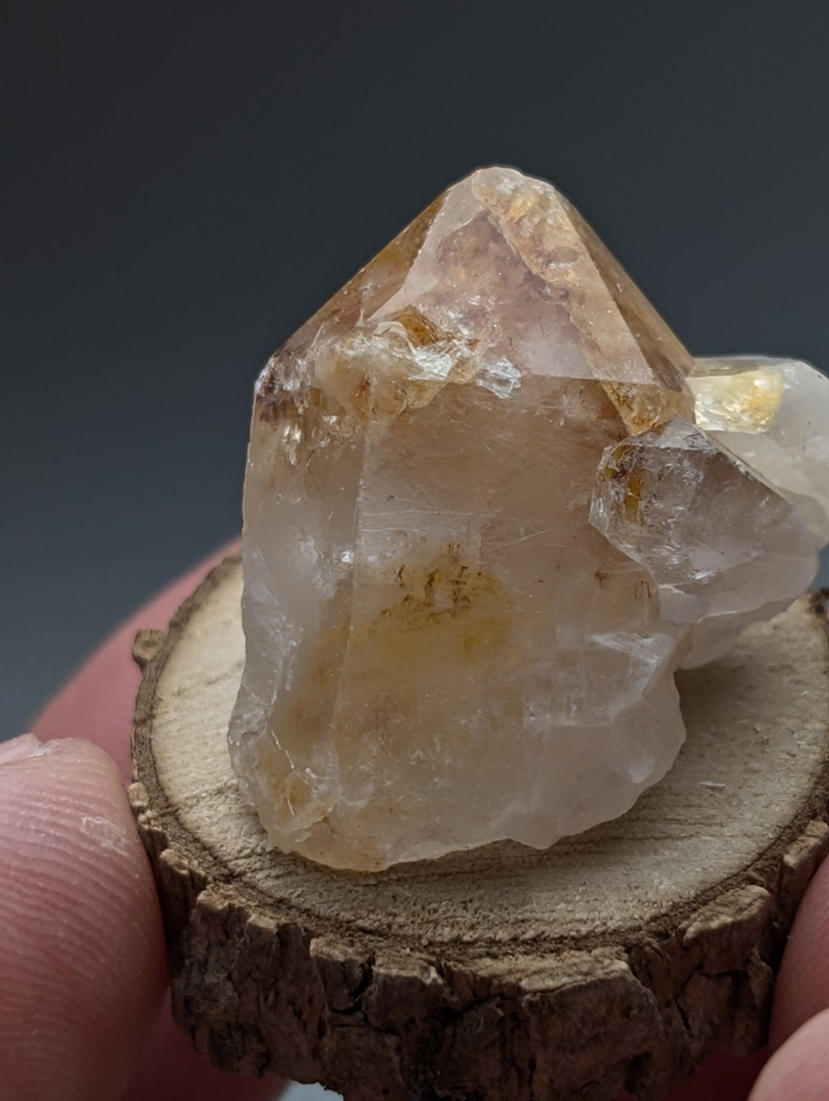 A translucent golden-yellow clay-included quartz crystal cluster with natural facets on a rustic wood base from arkansas