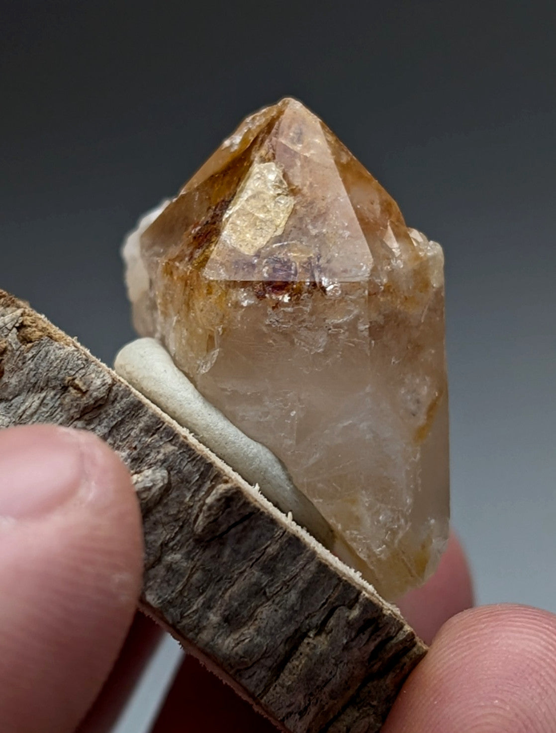 A translucent golden-brown clay-included quartz crystal with a pointed faceted top on a natural wood base from arkansas