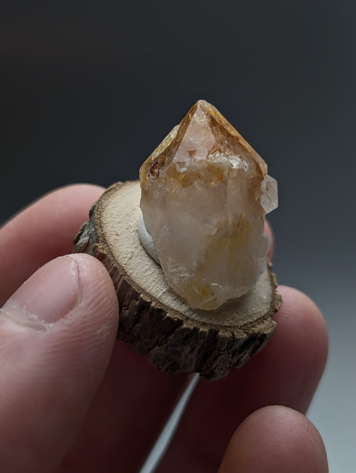 A translucent amber clay-included quartz crystal with pointed top mounted on a rustic wooden base from Arkansas