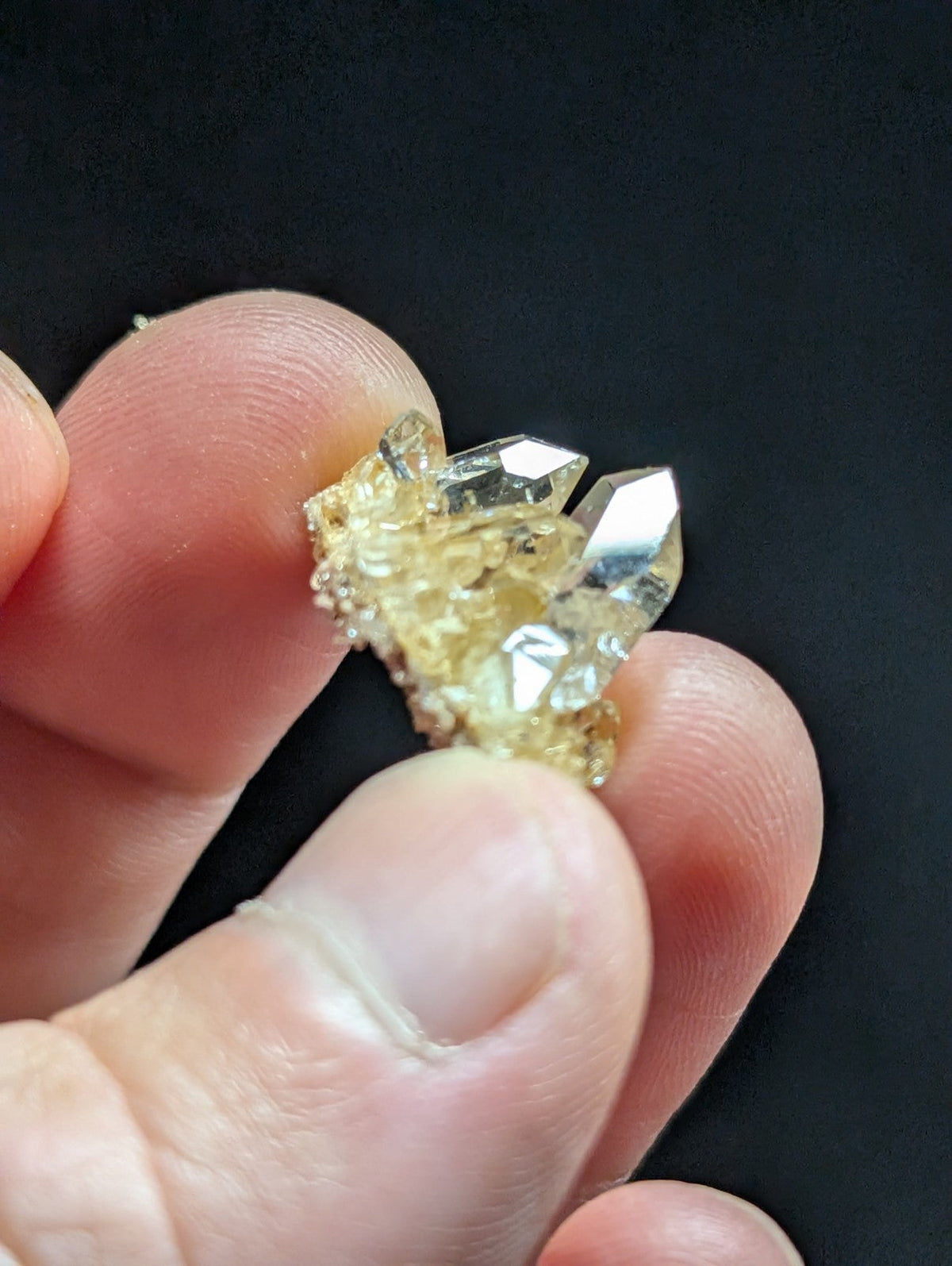A delicate cluster of translucent yellow quartz crystals with sharp, faceted points and a rough-textured base.