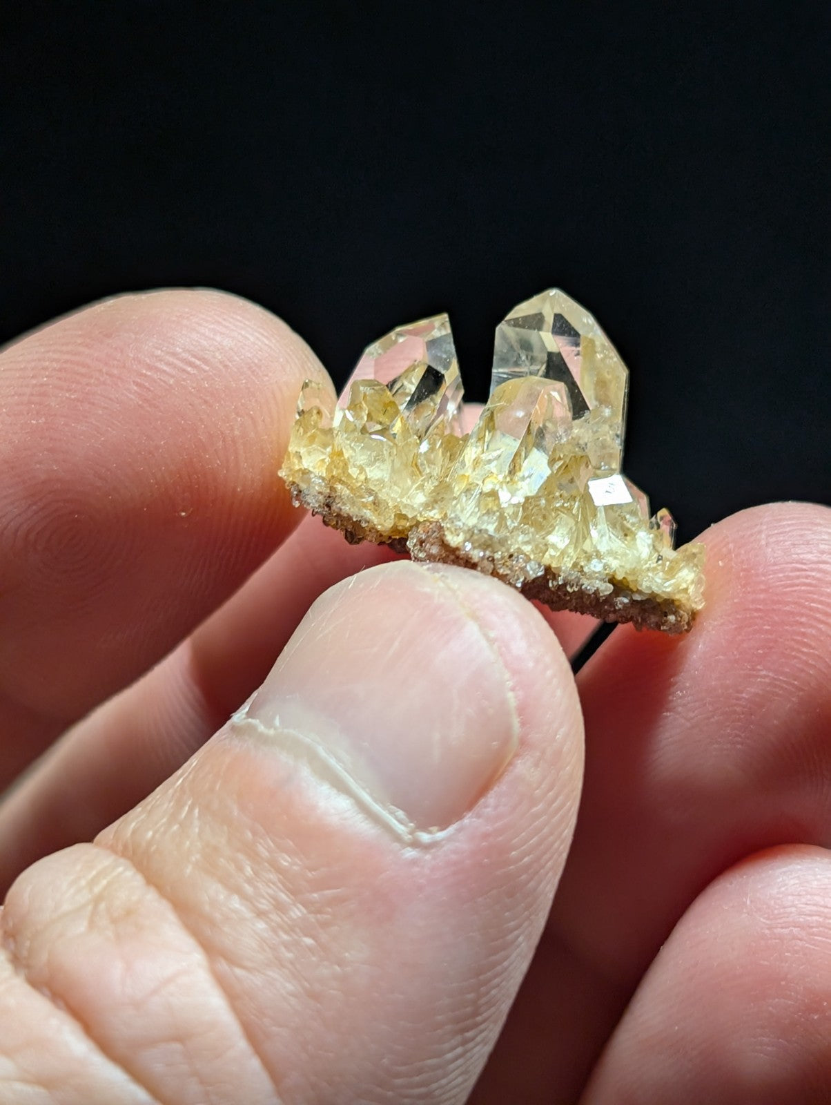 A cluster of translucent yellow quartz crystals with sharp, faceted points emerging from a rough, earthy base.