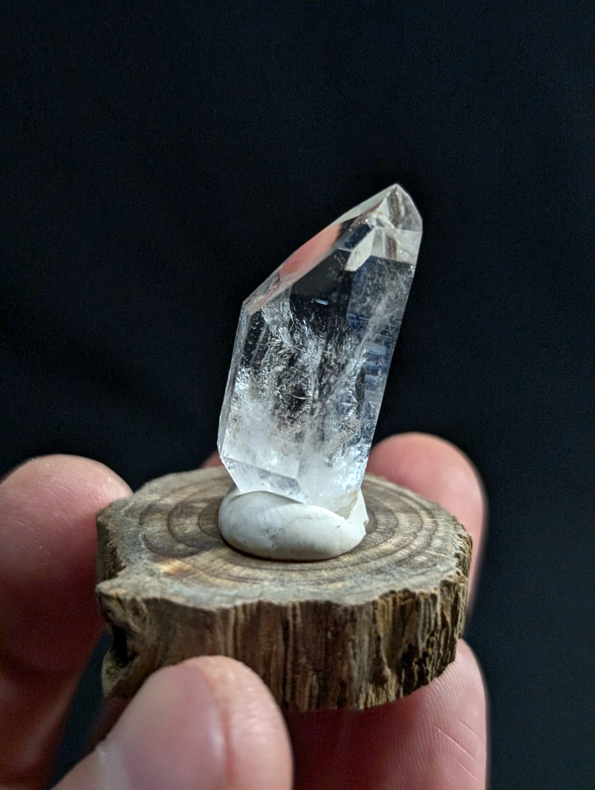 A clear, faceted quartz crystal with a pointed tip sits elegantly on a small, rustic wooden slice.